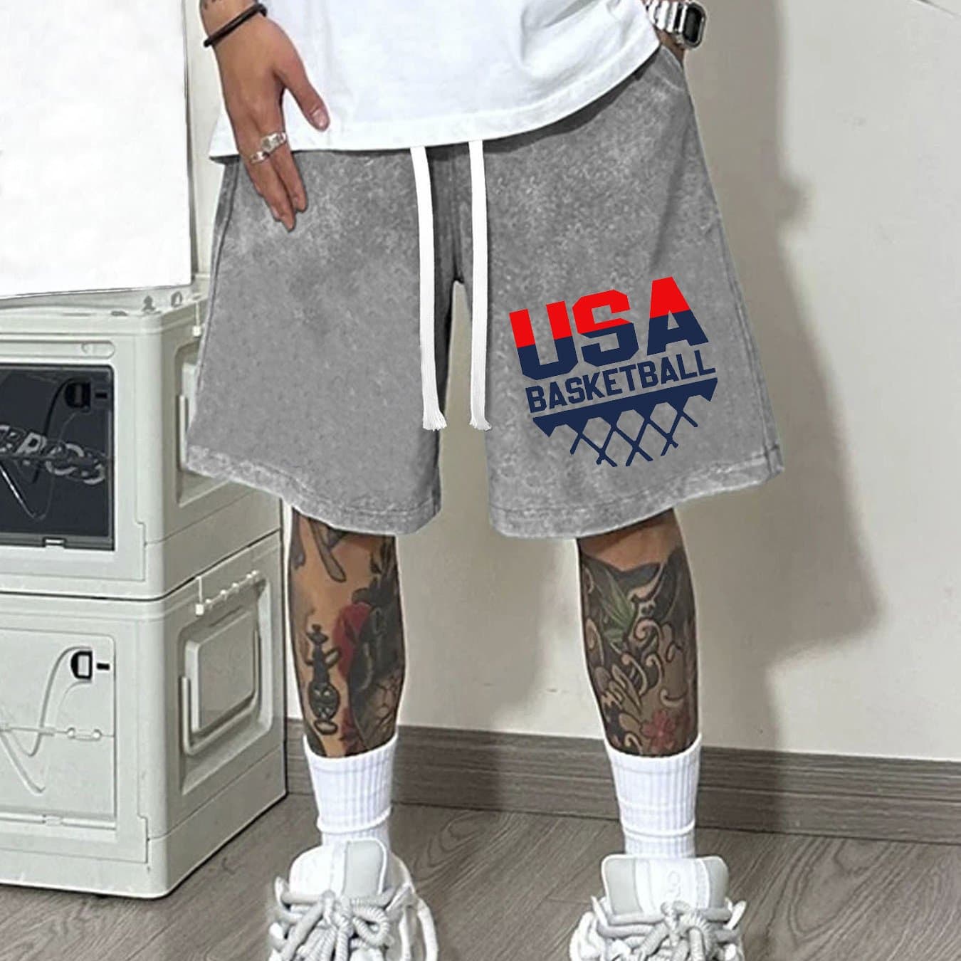 TEMU 290g Washed Shorts, Men's Shorts With American Basketball Print, Suitable For Outdoor , Gift For , Family, And Colleagues Washed
