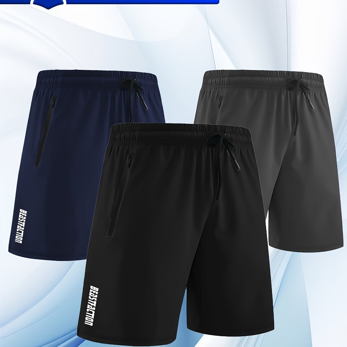 TEMU 3 Pairs Of Men's Athletic Running Shorts Featuring Letter Designs, Zippered Pockets, And Lightweight, Quick-drying Fabric, Ideal For Running, Training, And Outdoor Cycling