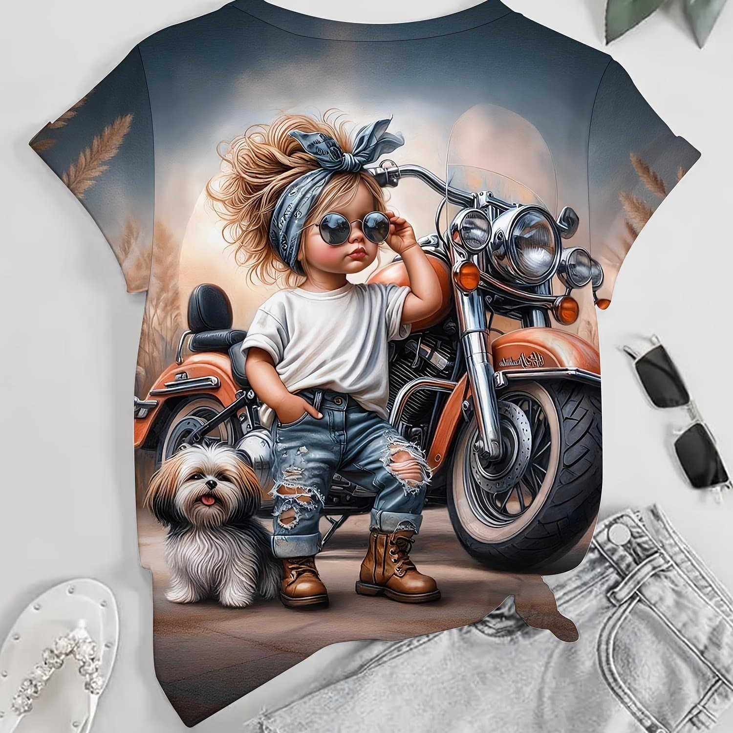 TEMU Regular 's Short-sleeve Tee, Adorable And Motorcycle Puppy Design, Fashionable Urban Style, Relaxed Casual Fit,