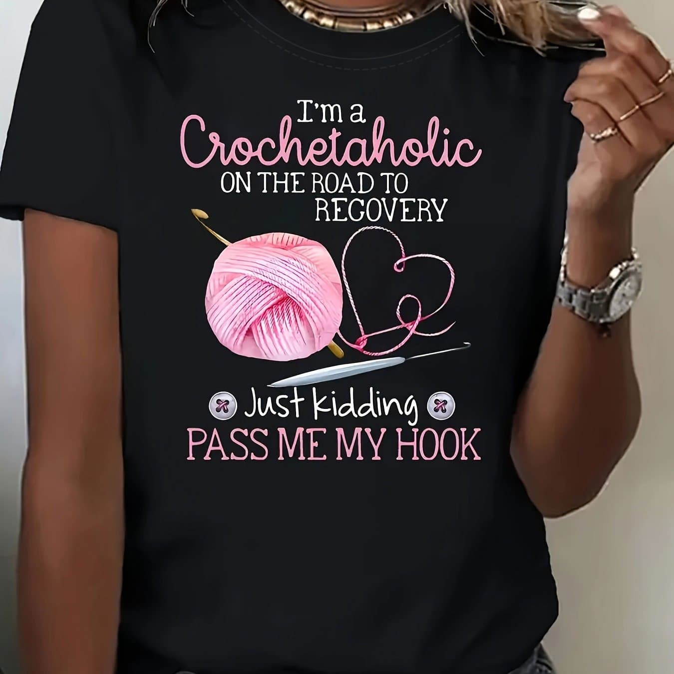 TEMU Plus Size, Crochet Lover Is Self Deprecating Handmade Fun Letter Print Plus Size Women's T-shirt, Short Sleeve Crew Neck Casual Top For Summer & Spring, Women's Clothing