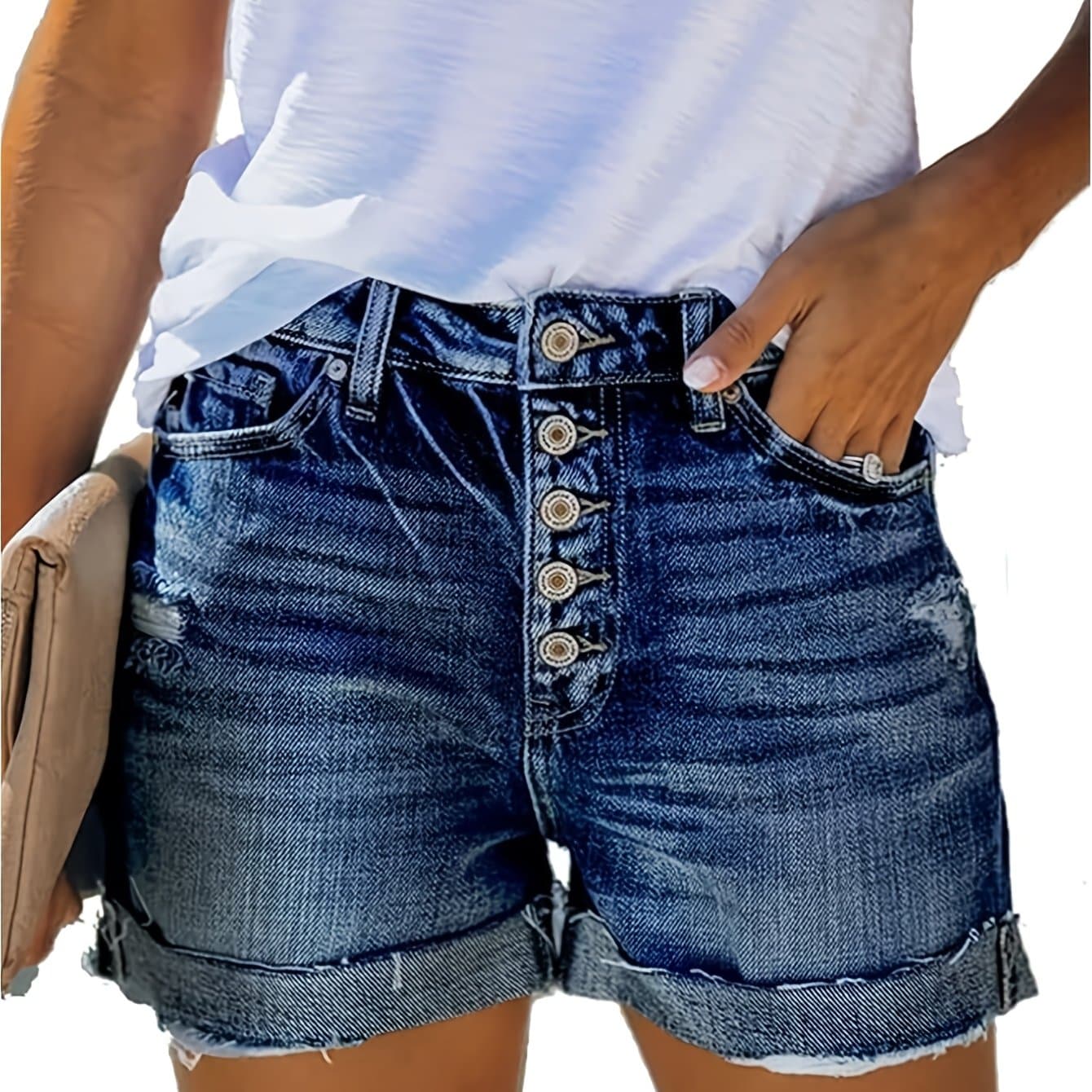 TEMU Distressed Denim Shorts For Women - Stretchy High Waisted Ripped Jean Shorts With Hem, Comfortable Summer Casual Streetwear Shorts