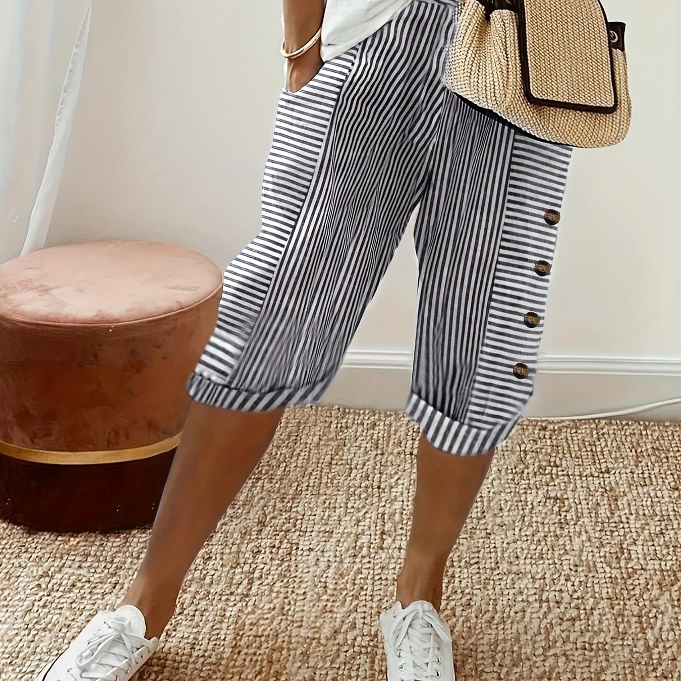 TEMU Women's Fashion Casual Striped Print Button Decoration Elastic Waist Pocket Straight-leg Knee-length Pants