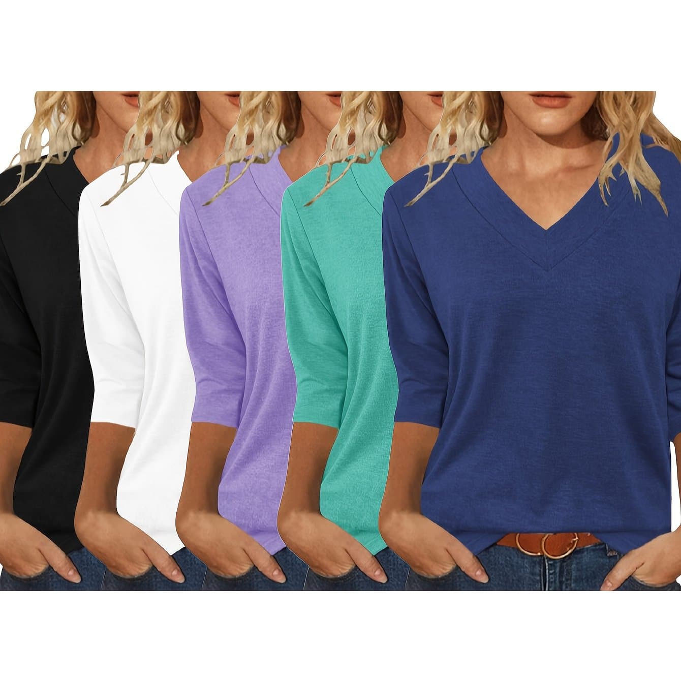 TEMU 5pcs Set Of Women's Spring/summer 3/4 Sleeve V-neck Casual Loose Basic Shirt, Comfortable, Breathable, Fashionable Three-quarter Sleeve T-shirt