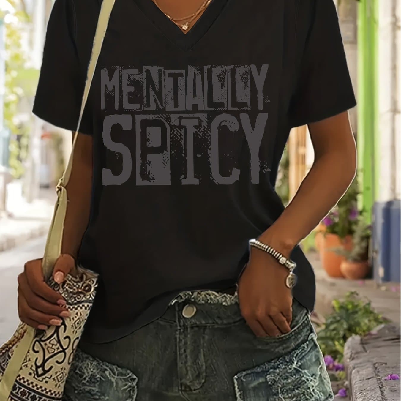 TEMU Graphic Print T-shirt, Short Sleeve V Neck Casual Top For Summer & Spring, Women's Clothing