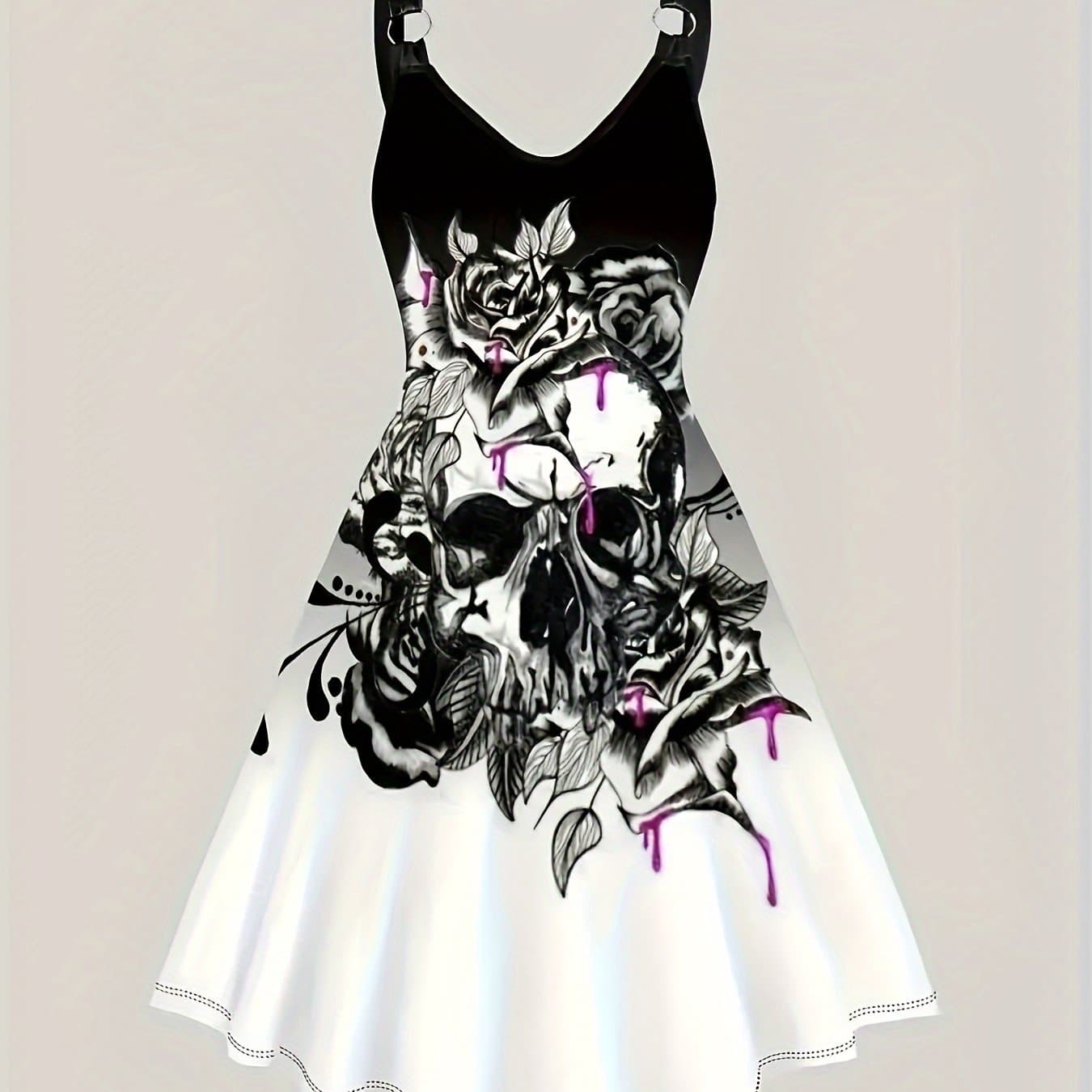 TEMU Skull Flower Printed Dress V Neck Sleeveless Dress Women's Clothing