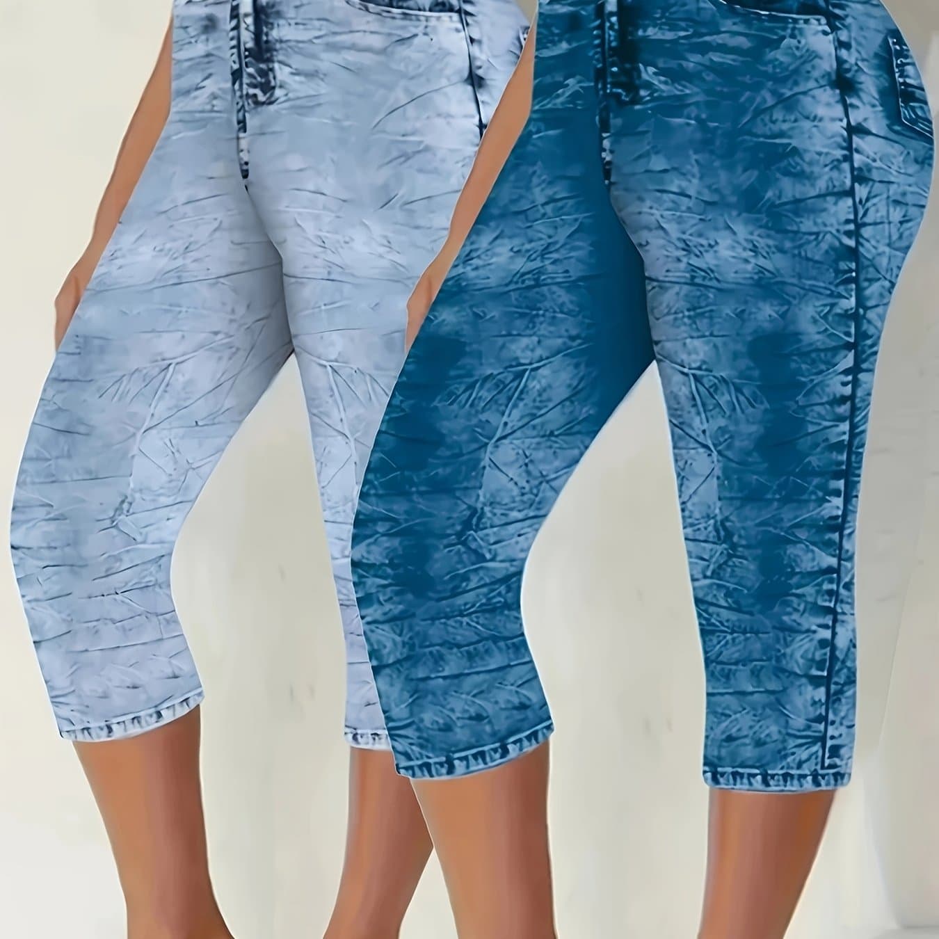 TEMU Plus Size, 2pcs Of Women's Plus Size Stretch Printed Capri Pants, Light Blue Casual Summer Style, Elastic Waist Design, Suitable For Daily Wear And Machine Washable