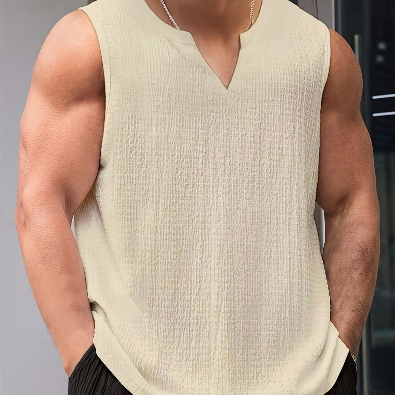 TEMU Summer Fashion Sleeveless Top, Men's Casual Outing V-neck Tank Top