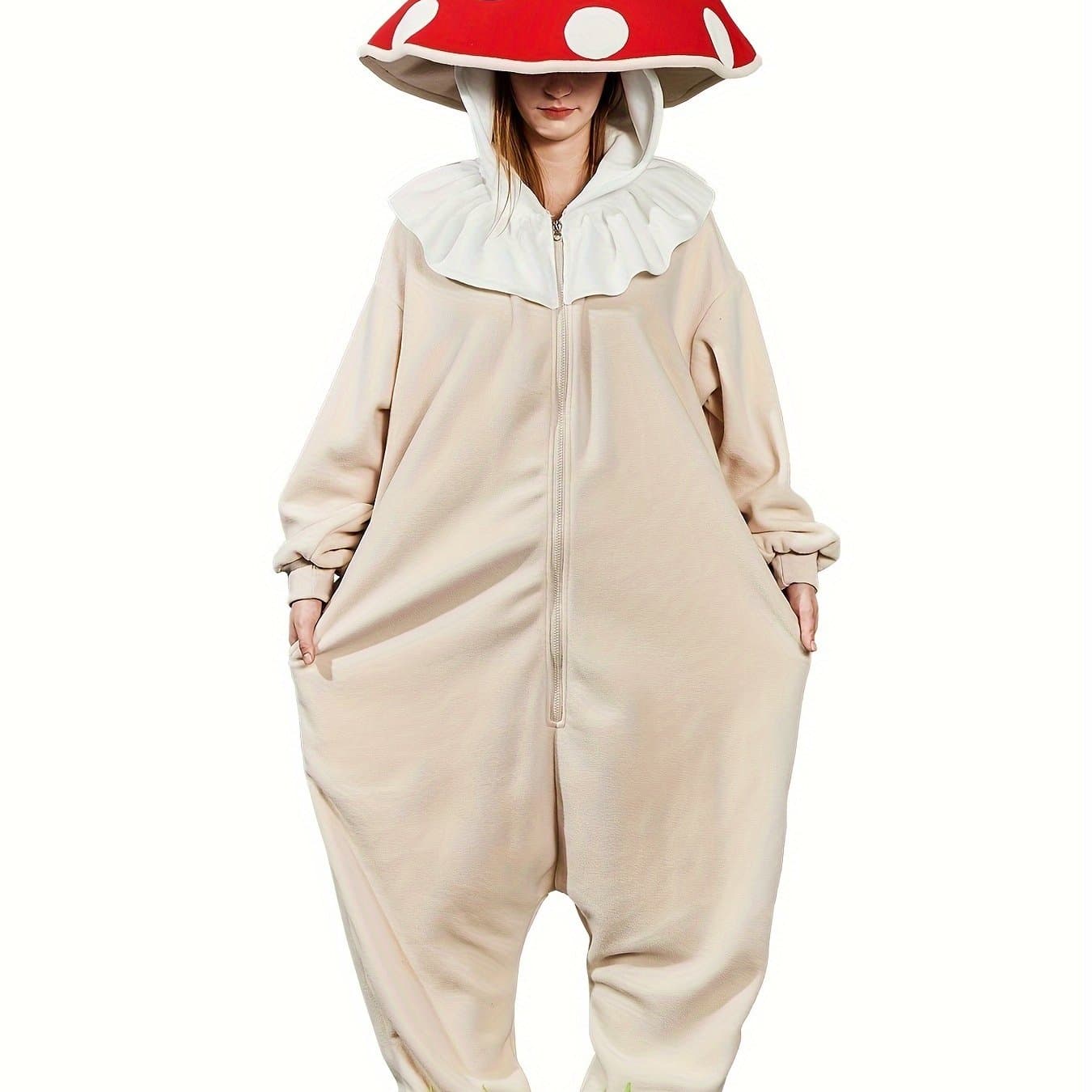 TEMU Adult Mushroom Onesie Pajamas - Hooded Zipper Bodysuit With Mushroom & Full-suit Sleepwear, Costume Cosplay For Halloween, Christmas, - Novelty Matching Outfit For Adults (hand Wash/)