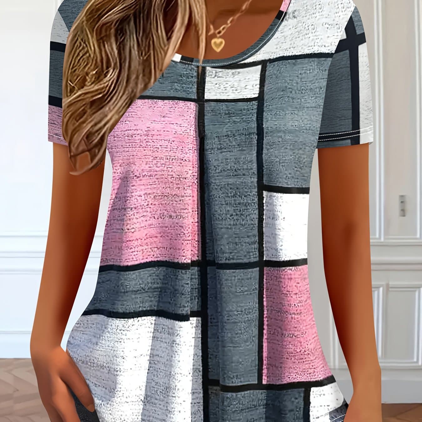 TEMU Summer Women's -block Printed Short Sleeve T-shirt, Round Neck Loose Casual Top Women's Clothing