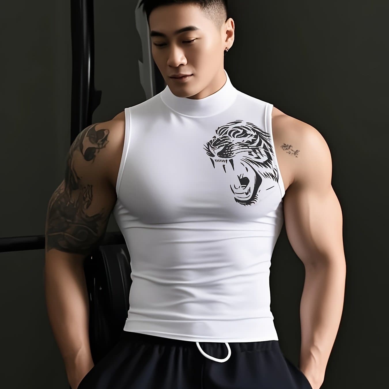 TEMU Men's Tiger Print Fitness Vest, Quick-dry Basketball Vest, High-neck High-stretch Body Suit, Training Sleeveless T-shirt