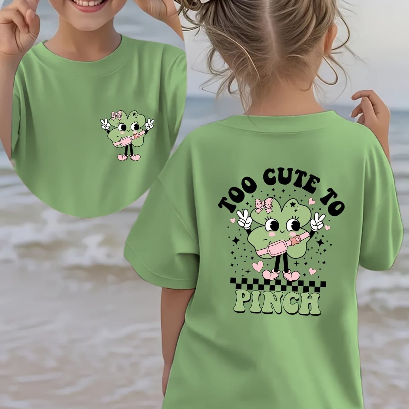 TEMU 's Day Summer Fashion Girls' Short Sleeve T-shirt " To Pinch" Clover Cartoon Pattern Double-sided Versatile Top Ny-dx5253