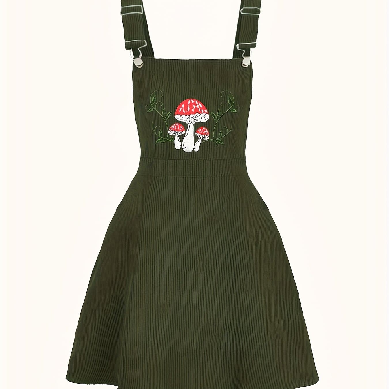TEMU Mushroom Embroidery Solid Color Suspender Dress