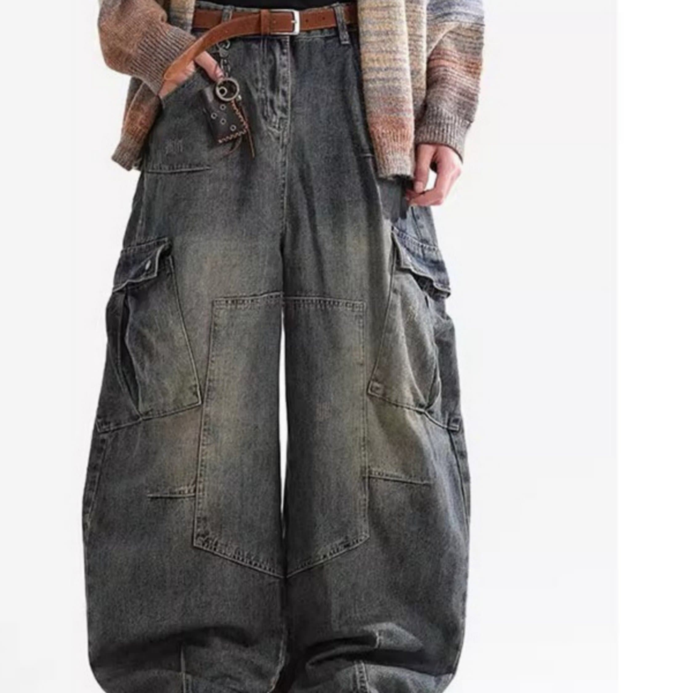 TEMU Men's Retro Oversized Multi-pocket Workwear Jeans, Hip-hop Denim Trousers, Unisex Casual Loose Pants, Suitable For Any Season
