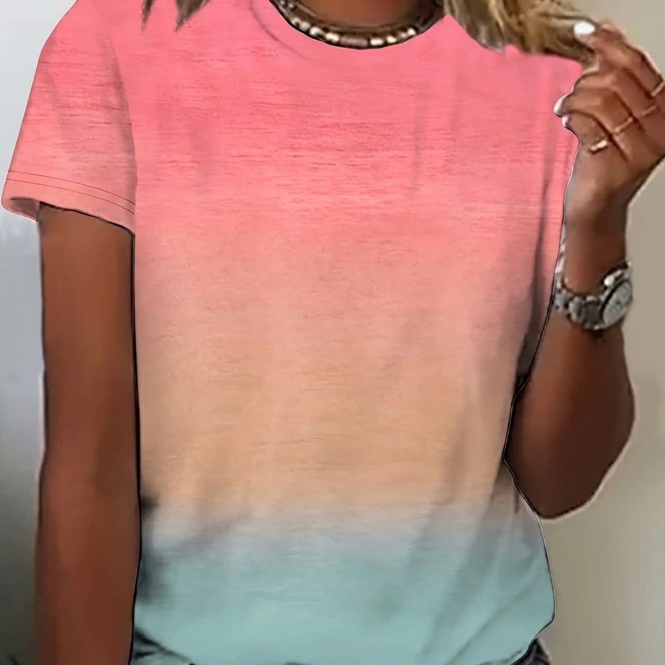 TEMU Women's Ombre Gradient Crew Neck T-shirt - Casual Short Sleeve Top, Lightweight Polyester, , Machine Washable, Spring Fashion | Trendy | Stretchable Material