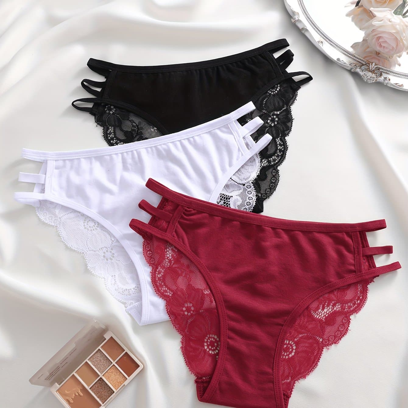 TEMU 3pcs Lace Trim Solid Color Panties With Hollow Waistband, Breathable Elastic Women's Underwear