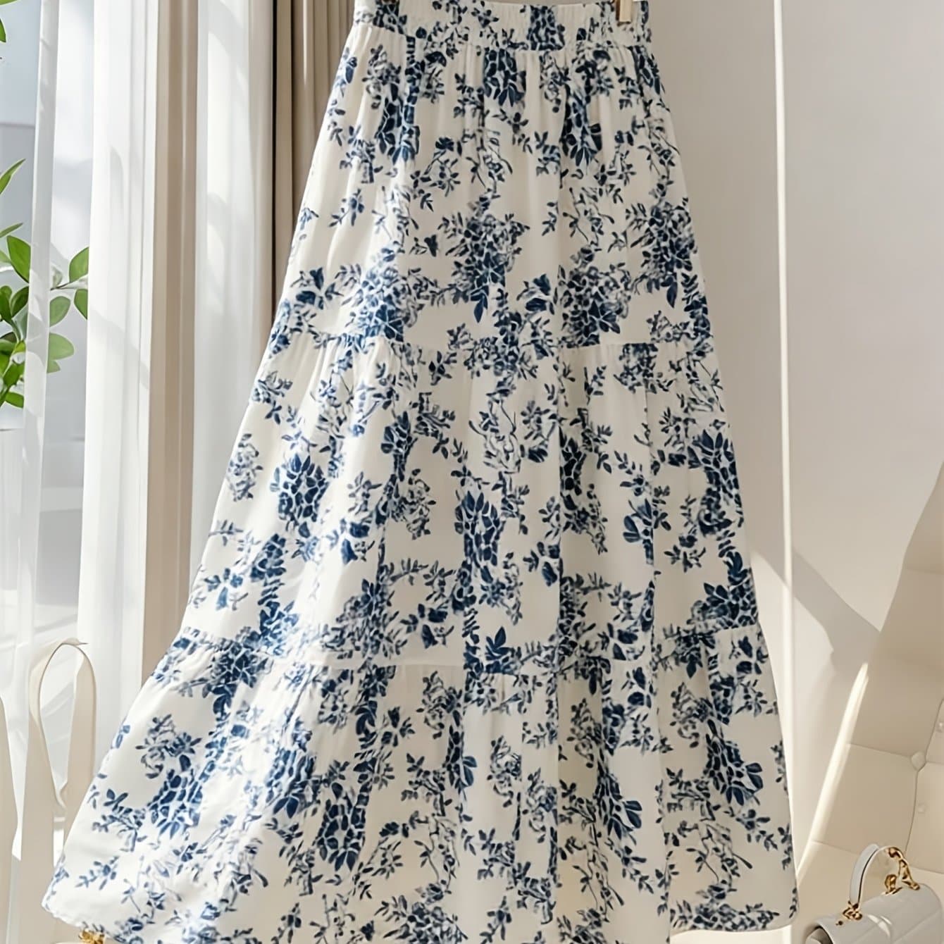 TEMU Ladies' And White Porcelain White Print Layered Midi Skirt