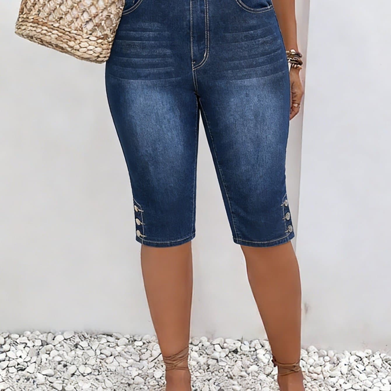 TEMU Large Size Women's Clothing 2026 New High-elastic Denim Medium Pants Summer Casual Shorts Button Multi-pocket, Breathable Beach Casual Wear Machine Washable