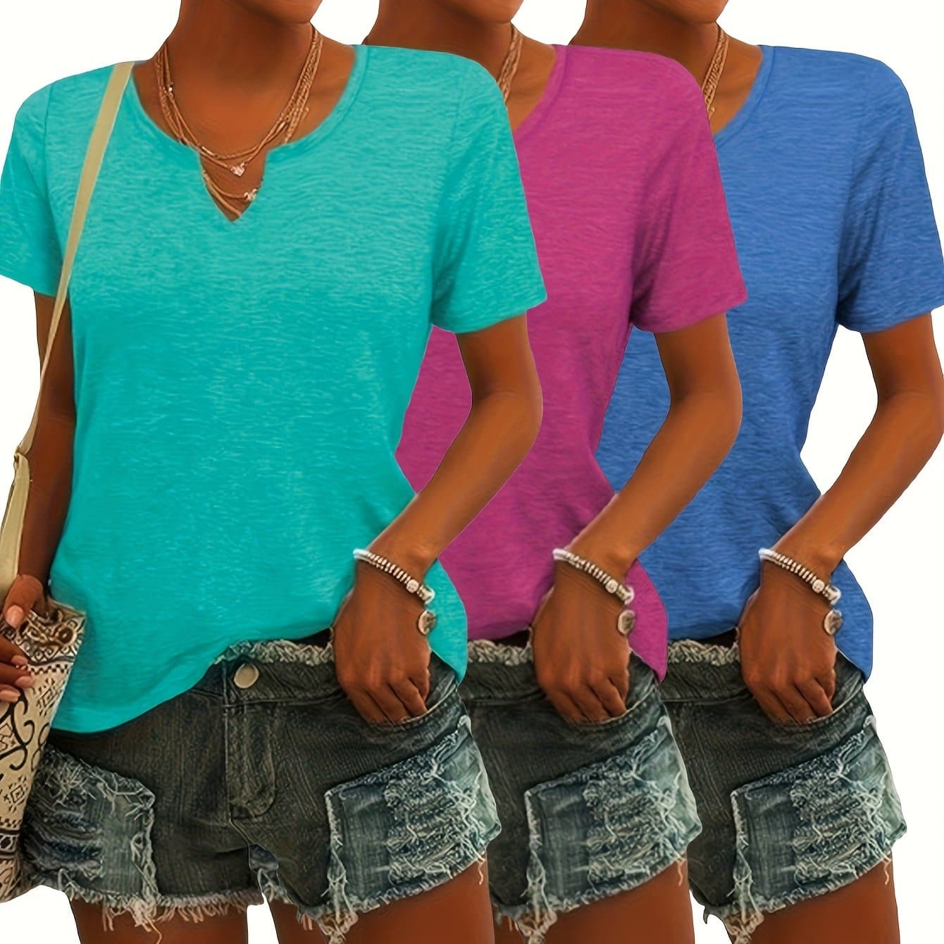 TEMU Three-piece Women's European And Top, Spring And Summer Fashion Clothing, Casual V-neck Short-sleeved T-shirt