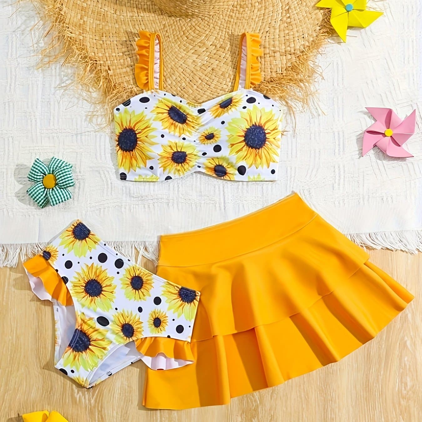 TEMU Girls' Bikini Set With Sunflower Print, Ruffle Straps + Swim Skirt, 3pcs, Perfect For Beach Vacation