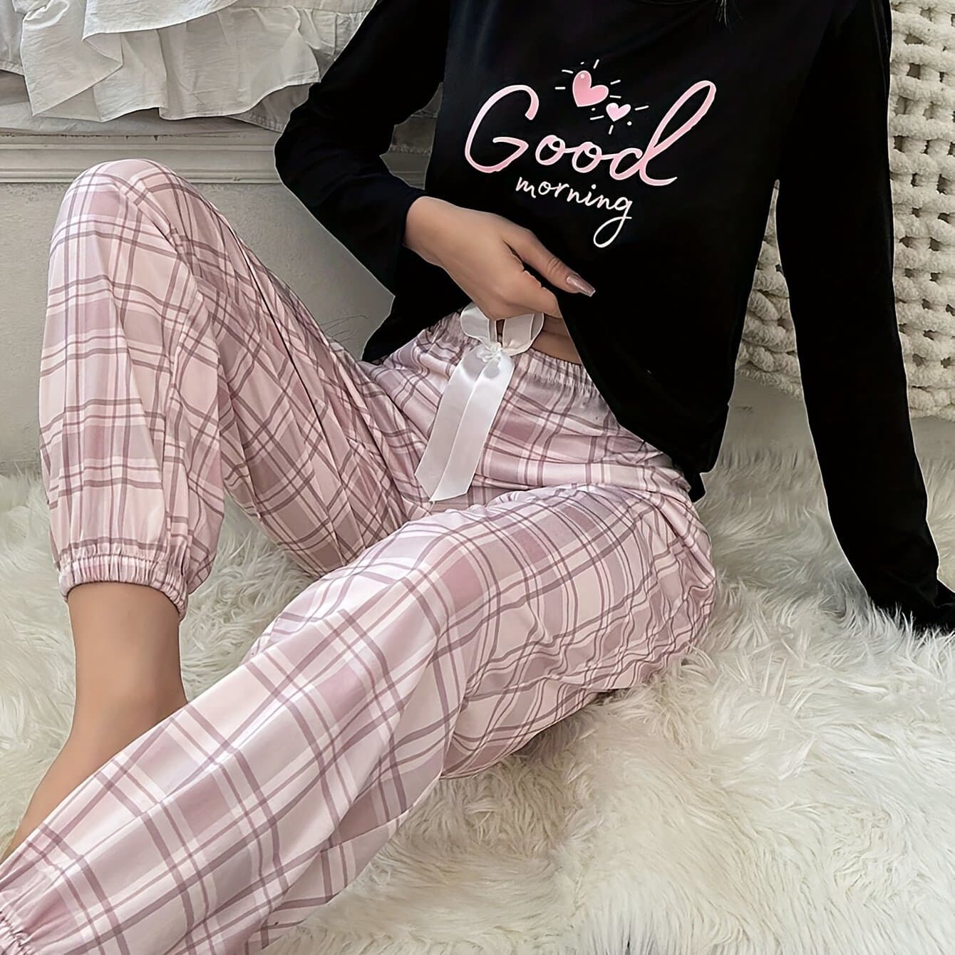 TEMU Slogan Pattern Round Neck Long Sleeved T-shirt And Printed Bow Pants Women's Pajama Set
