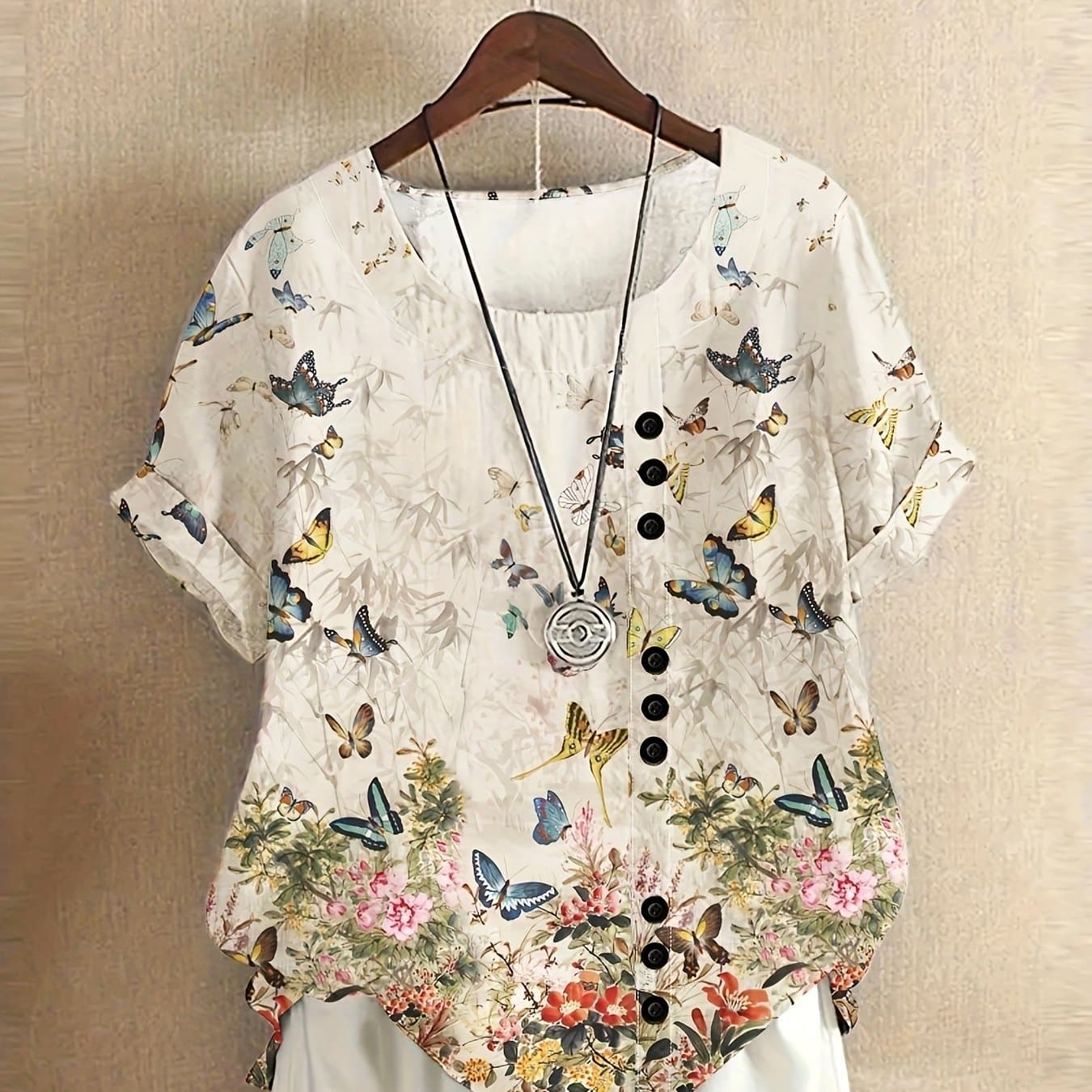 TEMU Women's Floral Shirt- Lightweight Short Sleeve Crew Neck Top With Fake Button Detail, Machine Washable Spring And Summer Non- Stretch Fabric