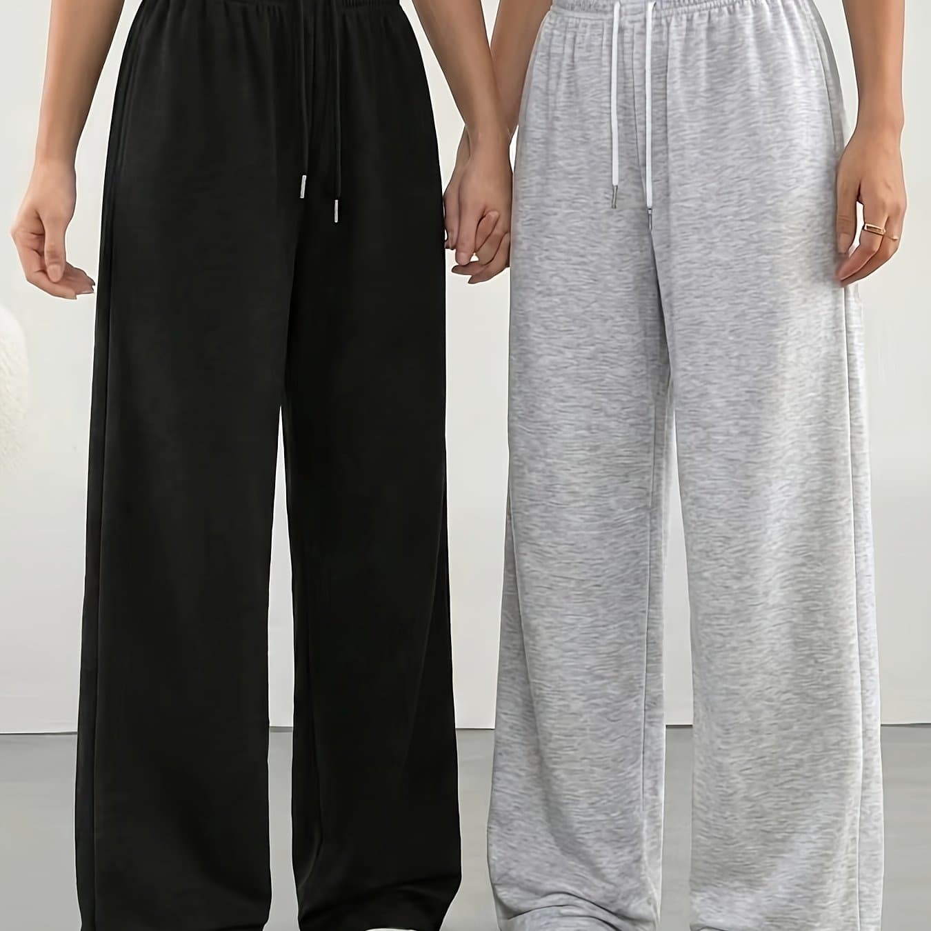 TEMU 2pcs Women's Casual Wide-leg Pants, Elastic Waistband - Loose-fit Medium-stretch Fabric, Machine Washable, Spring/summer/autumn Casual Wear, Jogging, Medium-stretch Trousers
