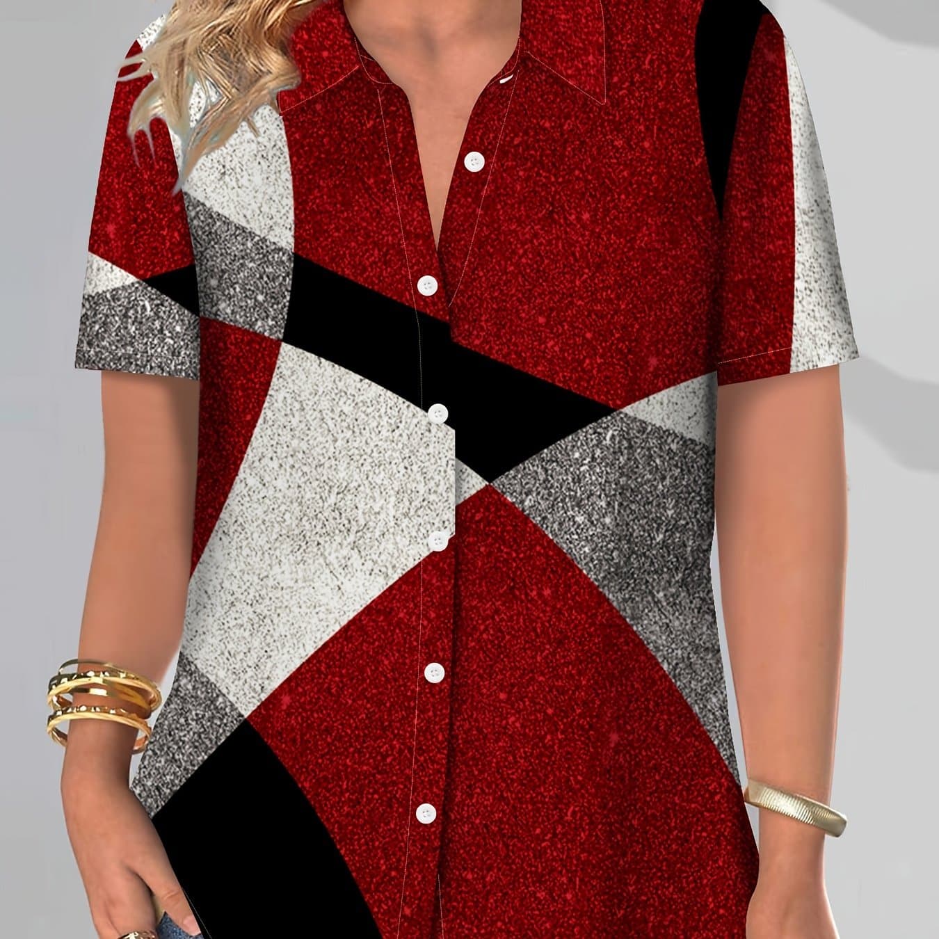 TEMU Color-block Geometric Irregular Pattern Print Short-sleeve Shirt