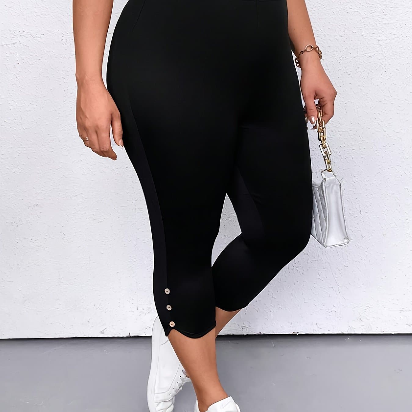 TEMU Plus Size - Plus Size - Size Women' Color Mid-length Leggings, Elastic Waist Without Belt, Slim Fit Design Suitable For Spring, Summer And Autumn And Weekend Travel, Button Decoration Clothing