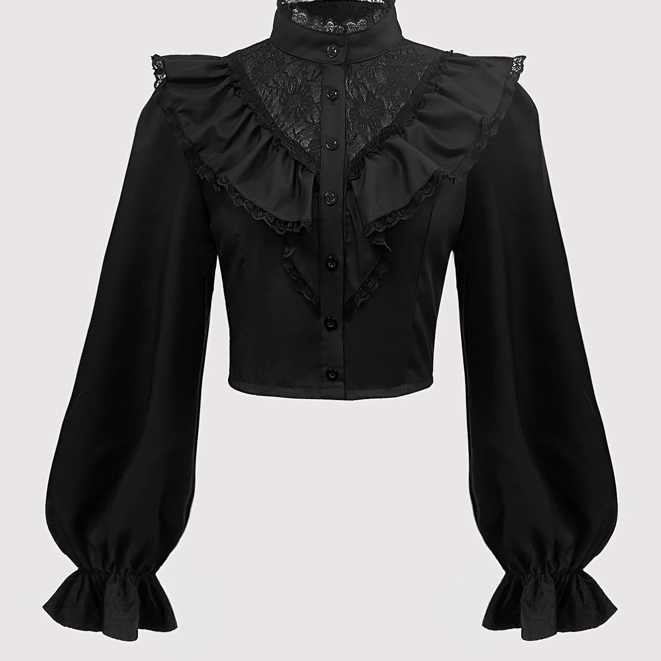 TEMU Gothic Style Long-sleeve Blouse For Women, Perfect For Halloween Themes, Elegant Parties, Cosplay Outfits, Festive Attire, Featuring Lace Trim At , Button- Design, Suitable For All