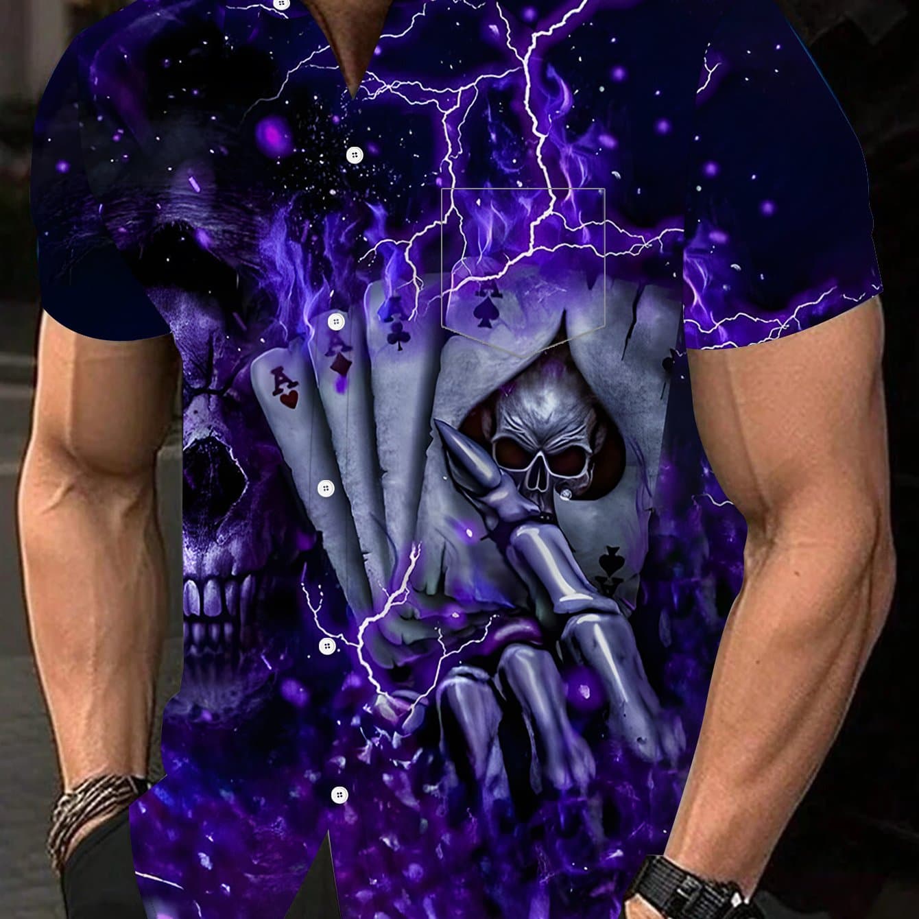 TEMU Purple Skull Print Oversized Short-sleeve Shirt For Men, Casual Top With A Style, Plus Size