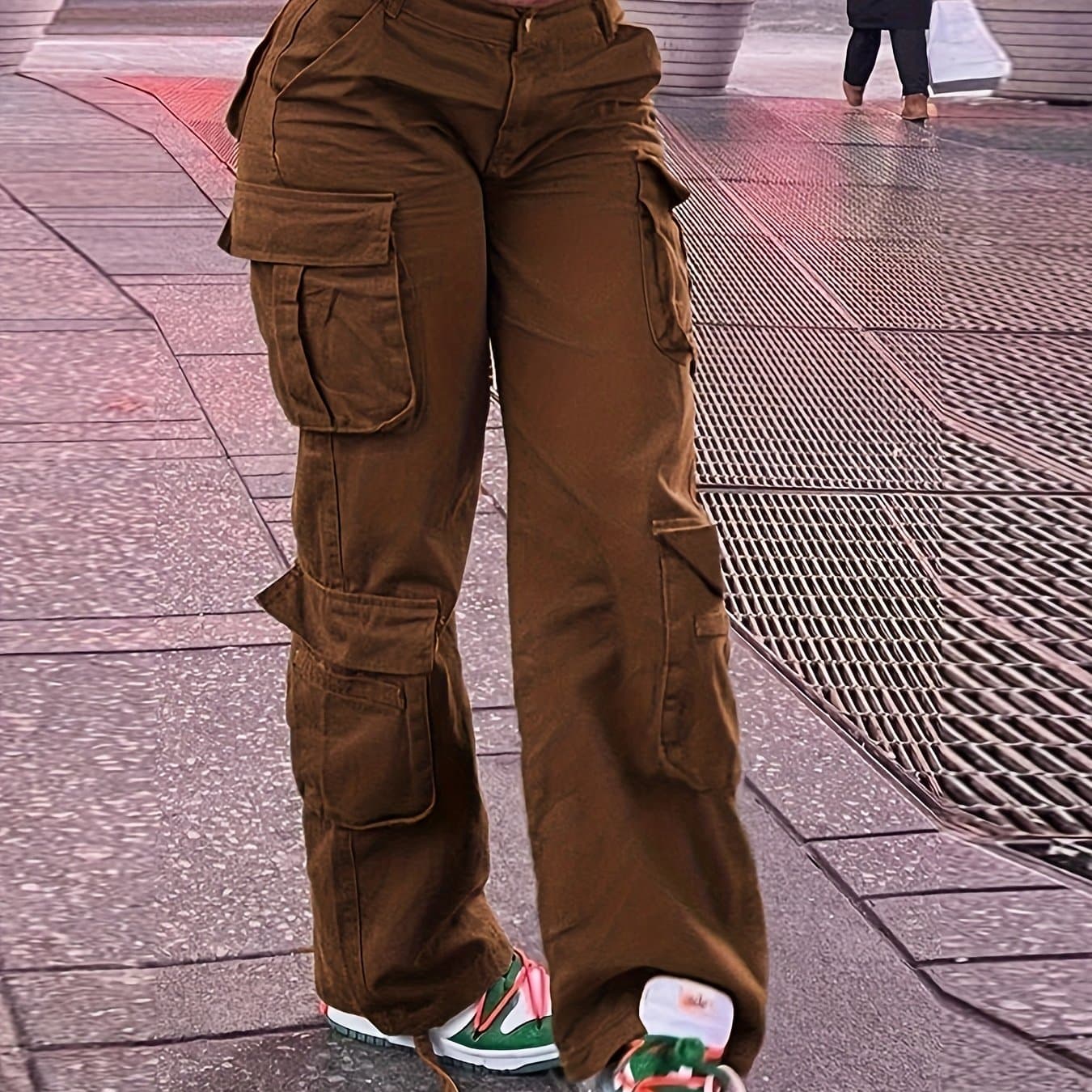 TEMU Women's Casual Fashion Cargo Denim Pants, Solid Color, High Waist, Multi-pocket, Straight Leg Trousers, Streetwear, Outdoor Apparel – Brown
