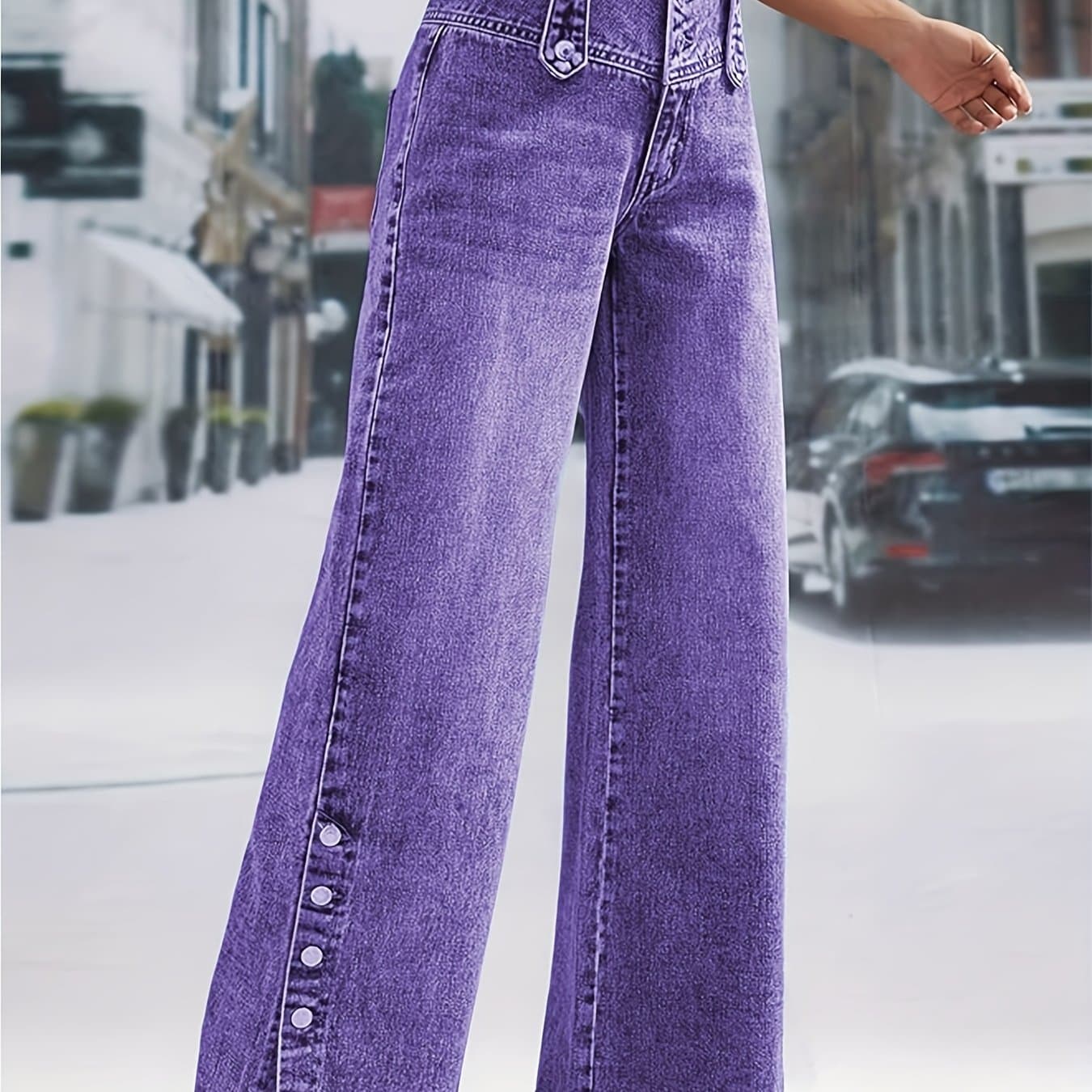 TEMU Women's Purple Jeans With Adjustable Button Waist & Cuff - Wide-leg Straight-leg Trousers, Mid-, Casual Pants (machine Washable) For Home, Travel, Office - Purple Jeans For Jeans-loving Women