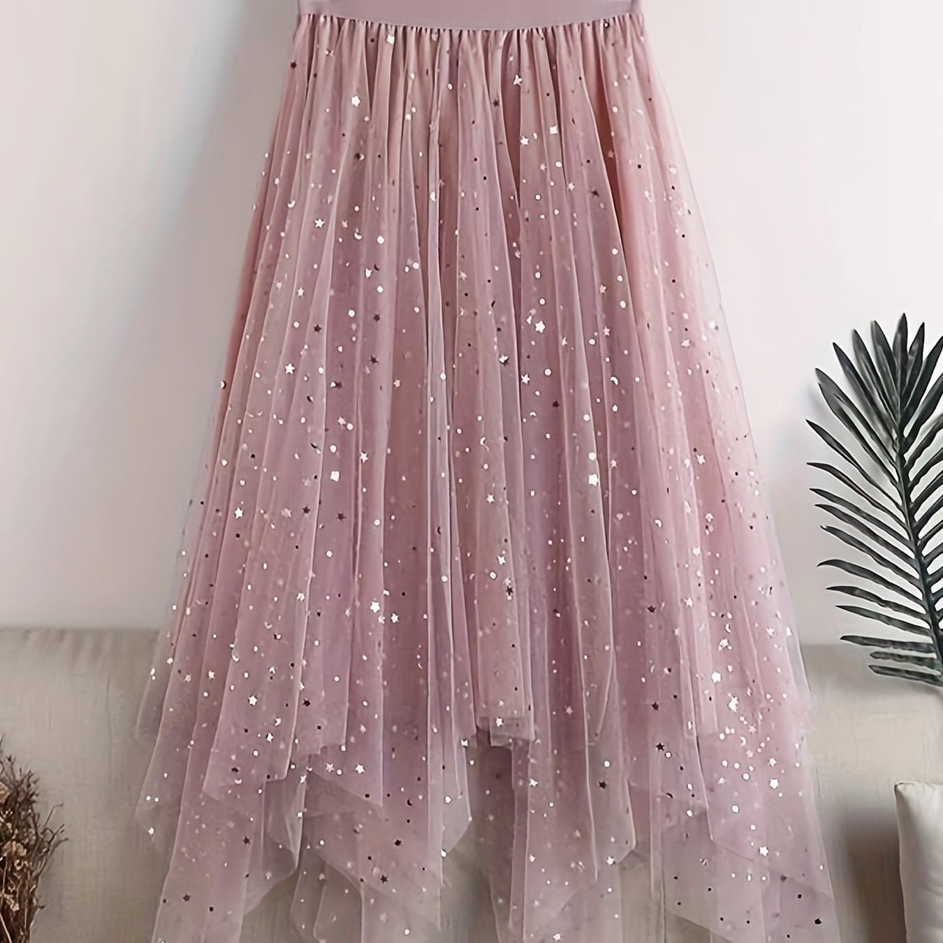 TEMU 2023 New Women's Sequin Mesh Midi Skirt, High-waisted, Flattering A- With An Irregular Hem In Korean Style