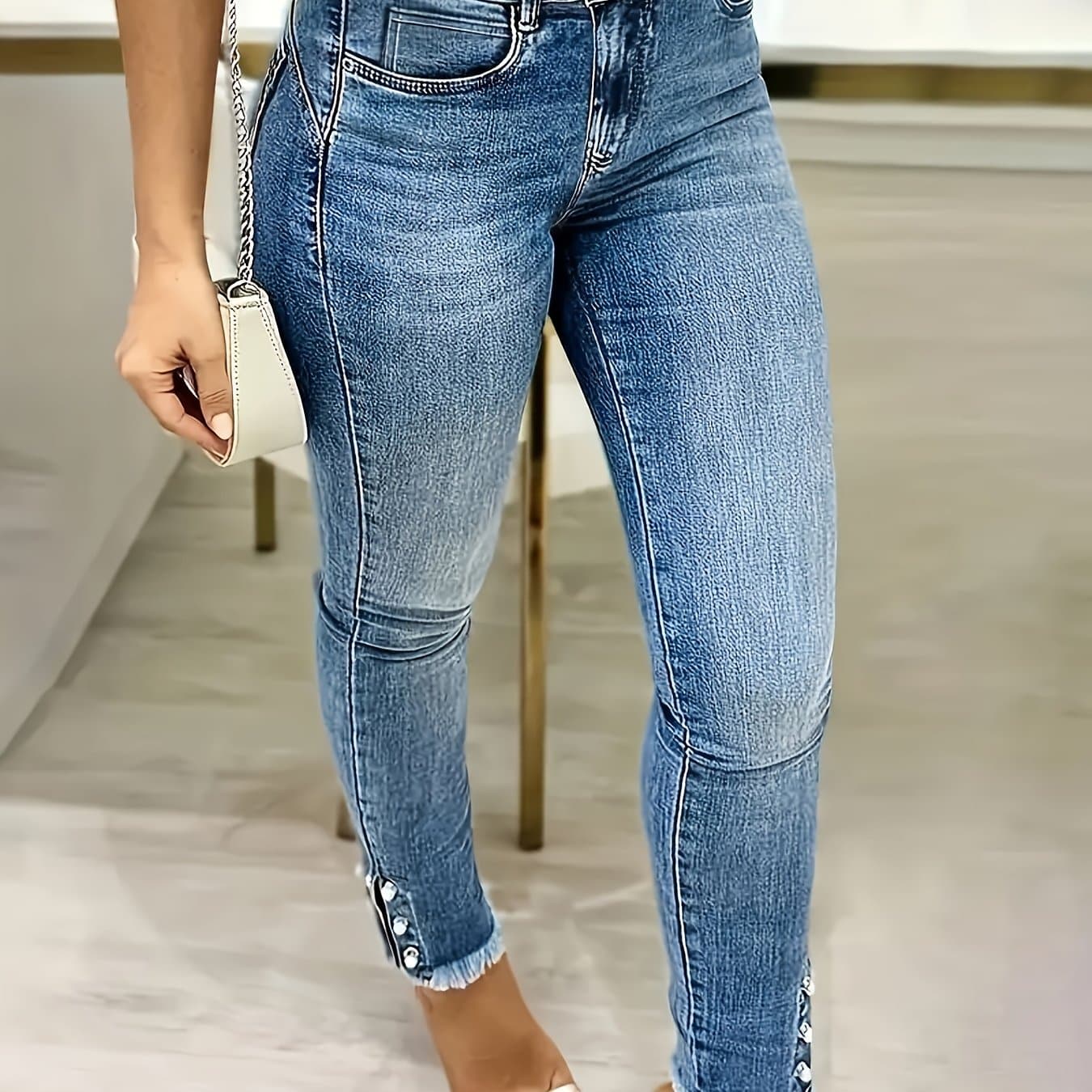TEMU 1pc Stretch-'s Jeans With Nail-head Ankle Decoration - Unique And Serious Style, Versatile And Suitable For All , A Must-have Item For The Entire Year