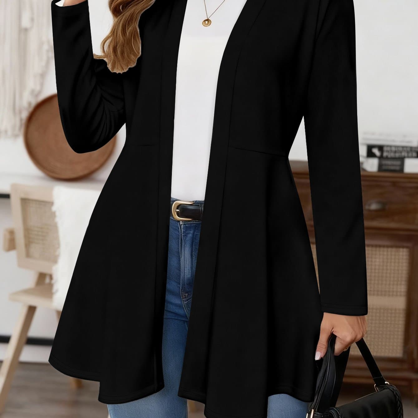 TEMU Plus Size, Plus Size Women' Black Mid-length Cardigan, Elegant