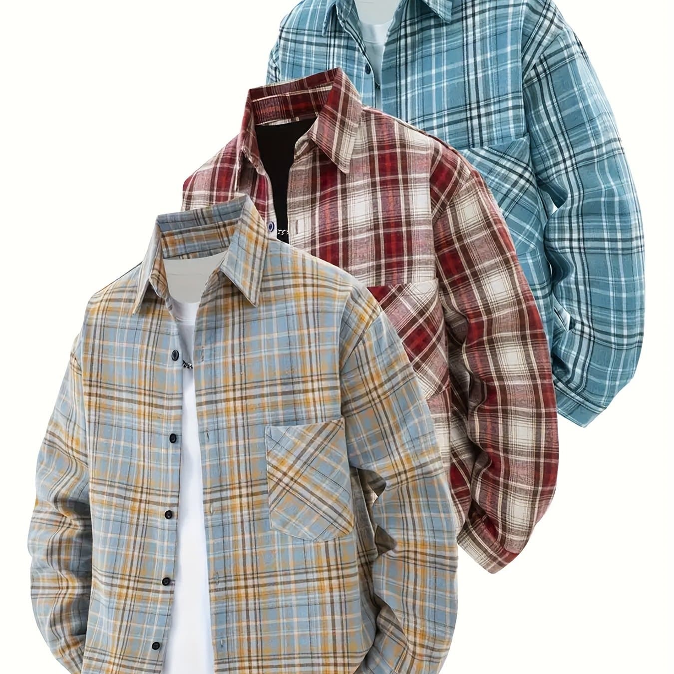 TEMU 3pcs Unisex Retro Casual Shirt Jacket Coat, Fashionable Minimalist Turn-collar Plaid Pattern Loose Fit Shirt With Set, Versatile Outdoor Wear