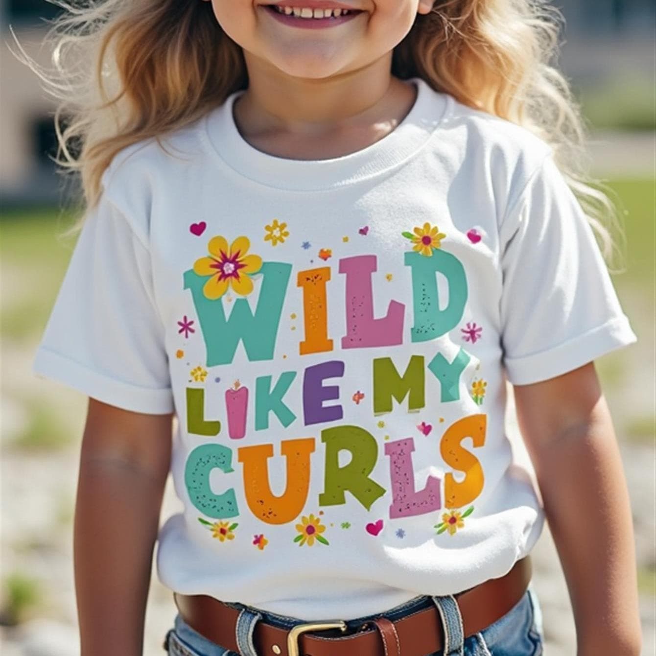 TEMU Graphic T-shirt 'wild Like ' - A Casual Short-sleeve Top Featuring Vibrant Lettering And Floral Hair Clip Designs, Made From Fabric Suitable For Boys And Girls. Perfect For All