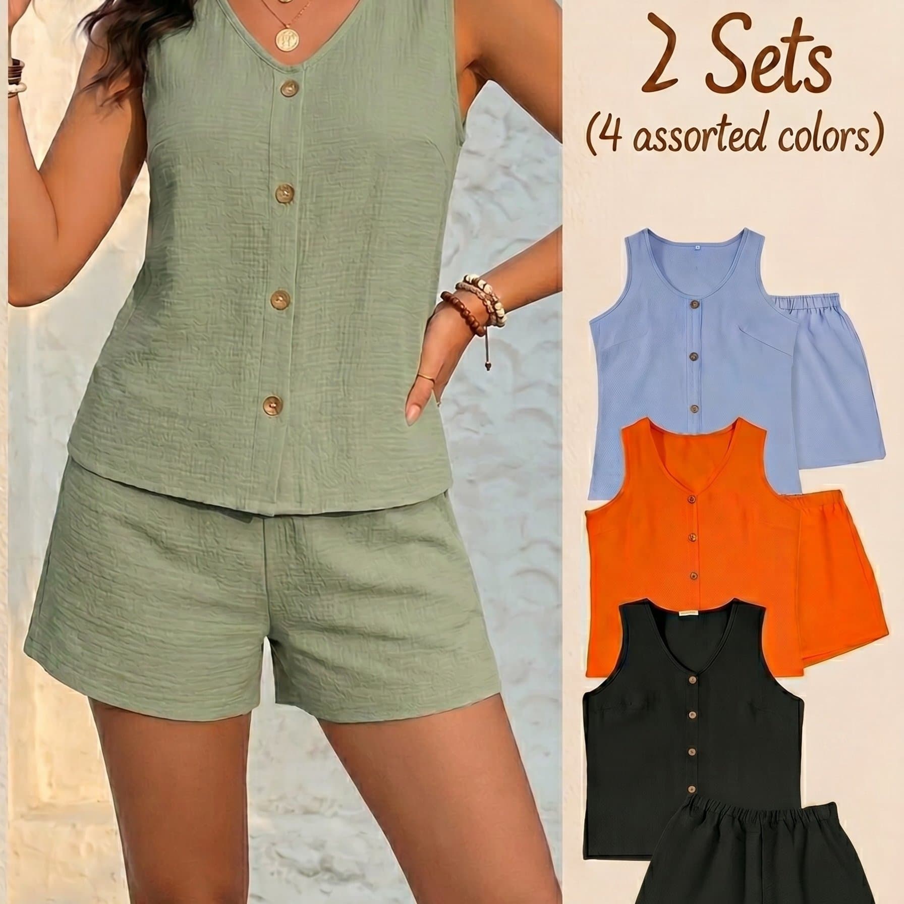 TEMU 2 Sets Of Casual Solid Color Texture Shorts+solid Color Texture Vest, V-neck Single Breasted Loose And Simple Shorts, Summer Promotion; 2 Sets Of Black, , Orange Red, Sky Blue, And 4 Colors