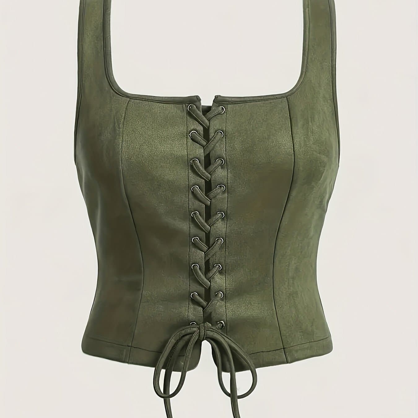 TEMU Plus Size, Plus-size Women's Vintage Lace-up Cropped Vest, Elegant Solid Neck Vest, Suitable For Spring And Summer Wear, Women's Clothing