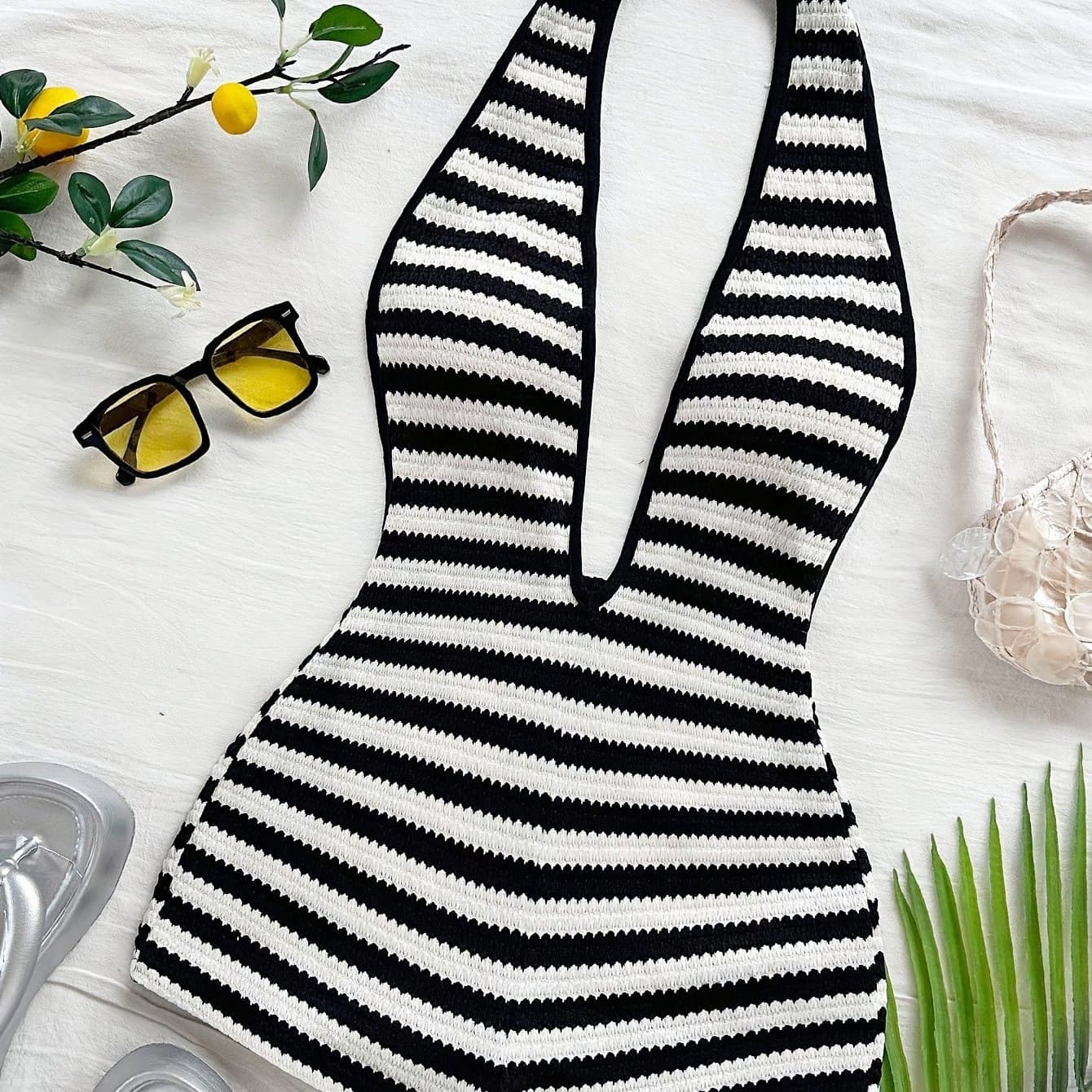 TEMU Women's Spring Summer Fashion Comfortable Versatile Striped Deep V-neck Halter Backless Vest And Shorts