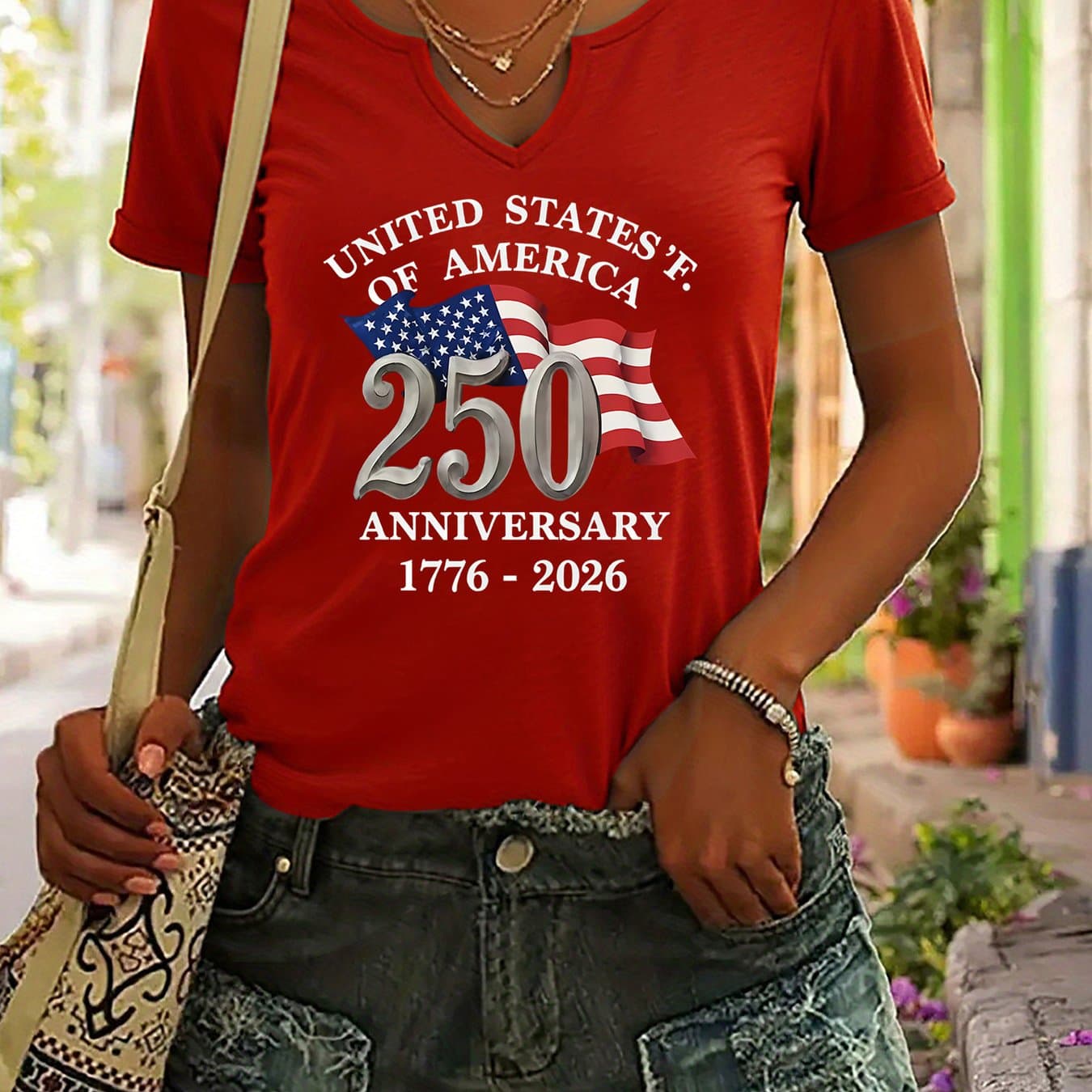 TEMU Print V-neck Roll-sleeve T-shirt, Flag And Anniversary Text, Low-key Patriotic, Women's , Comfortable And Versatile For Daily And Commemorative Wear