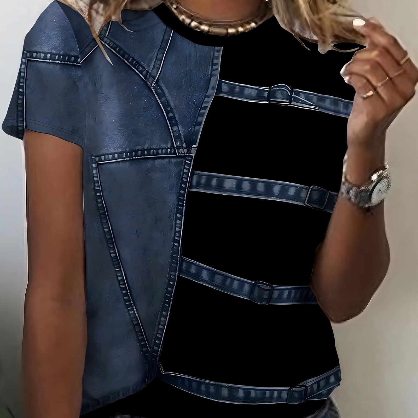 TEMU A Fashionable Streetwear Top Showcasing A Cowboy- That Merges 2 Elements, Providing For Women, Finished With A Chic Round Neckline