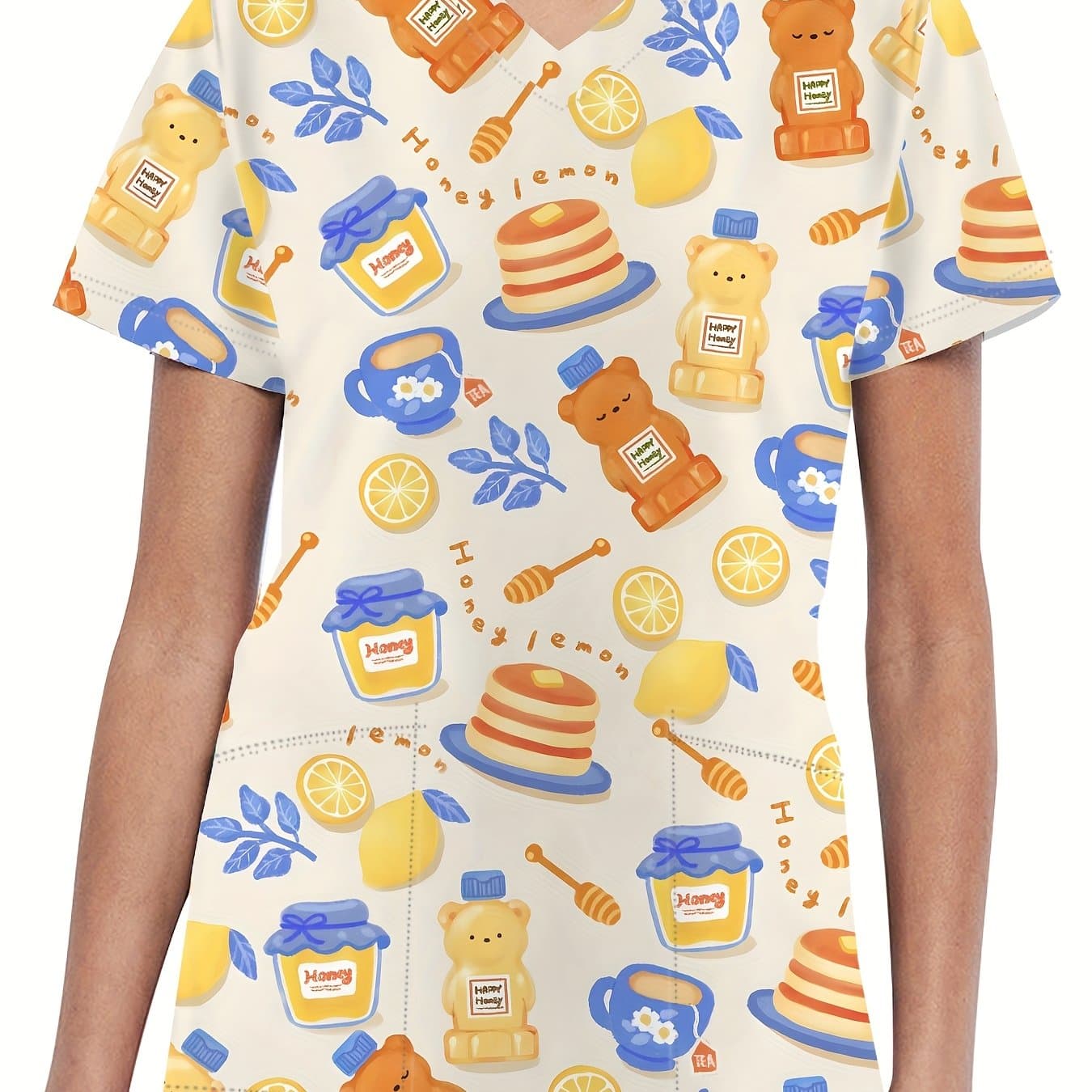 TEMU Women' Lemon Bear V-neck T-shirt - Cute Bee & Lemon Print Short Sleeve Top With Honey Jar & Bear , Spring Summer Fall Casual Blouse For Casual Attire, Machine Washable Outfit