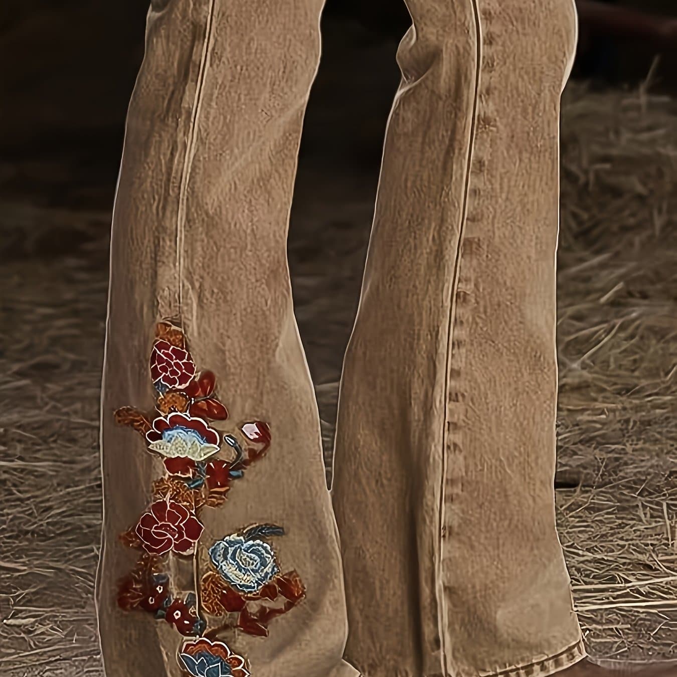 TEMU Women's High-waist Boot-cut Bell-bottom Jeans With Floral Embroidery - Elastic Denim Pants Suitable For - Wear, Machine Washable Western Style Boot Jeans