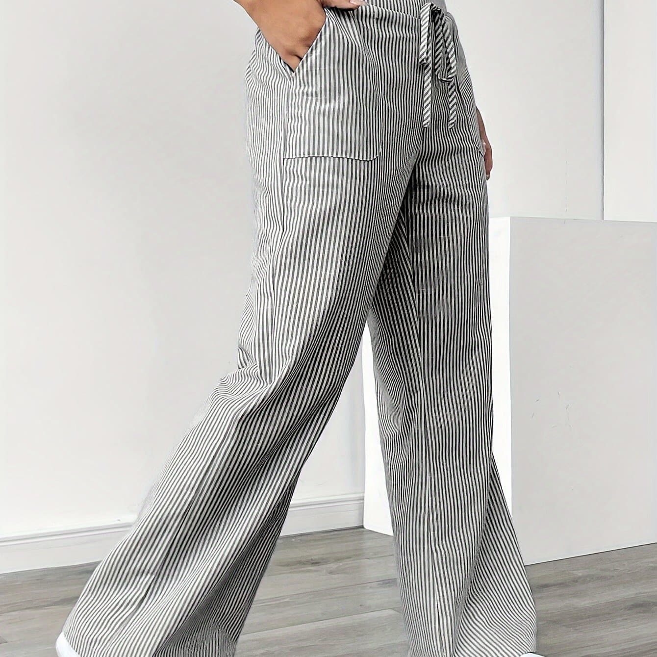 TEMU Women's French- Casual Commuter Striped Wide-leg Pants, /summer Loose Fashion Trousers With Pockets, Straight-leg Versatile Style Zdz073103