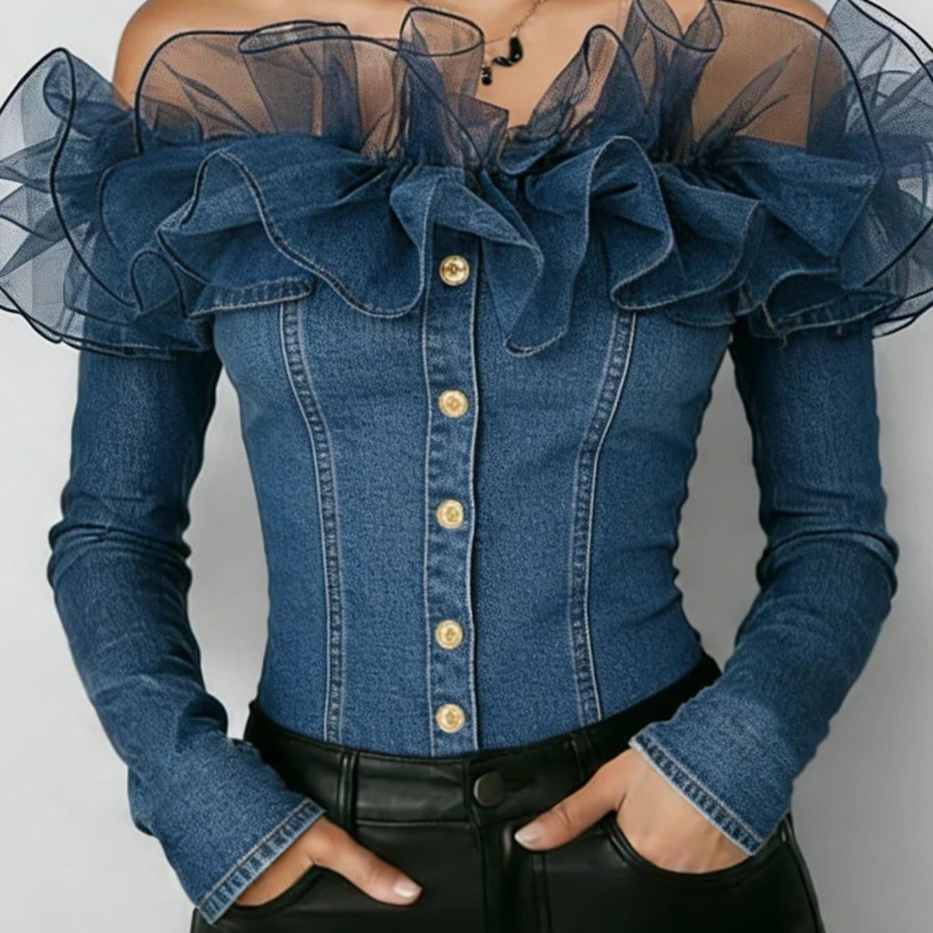 TEMU Ladies' Navy Blue Off-shoulder Tulle Denim Bodysuit With Long Sleeves And Button Closure