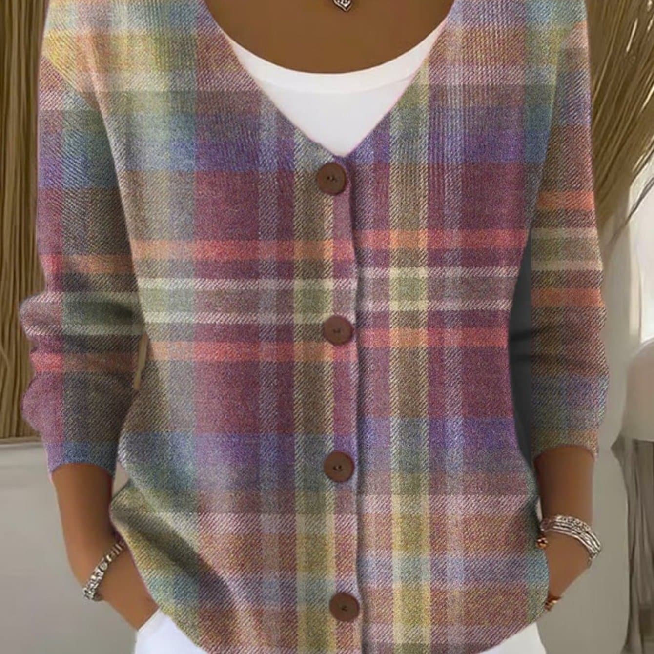 TEMU Women's Vintage Cardigan Jacket - Multicolor Tartan Button-front V-neck Sweater Coat, Soft Multicolor (pink/green/blue/purple/beige/tan), Machine Washable Fall Winter Outerwear For Casual &