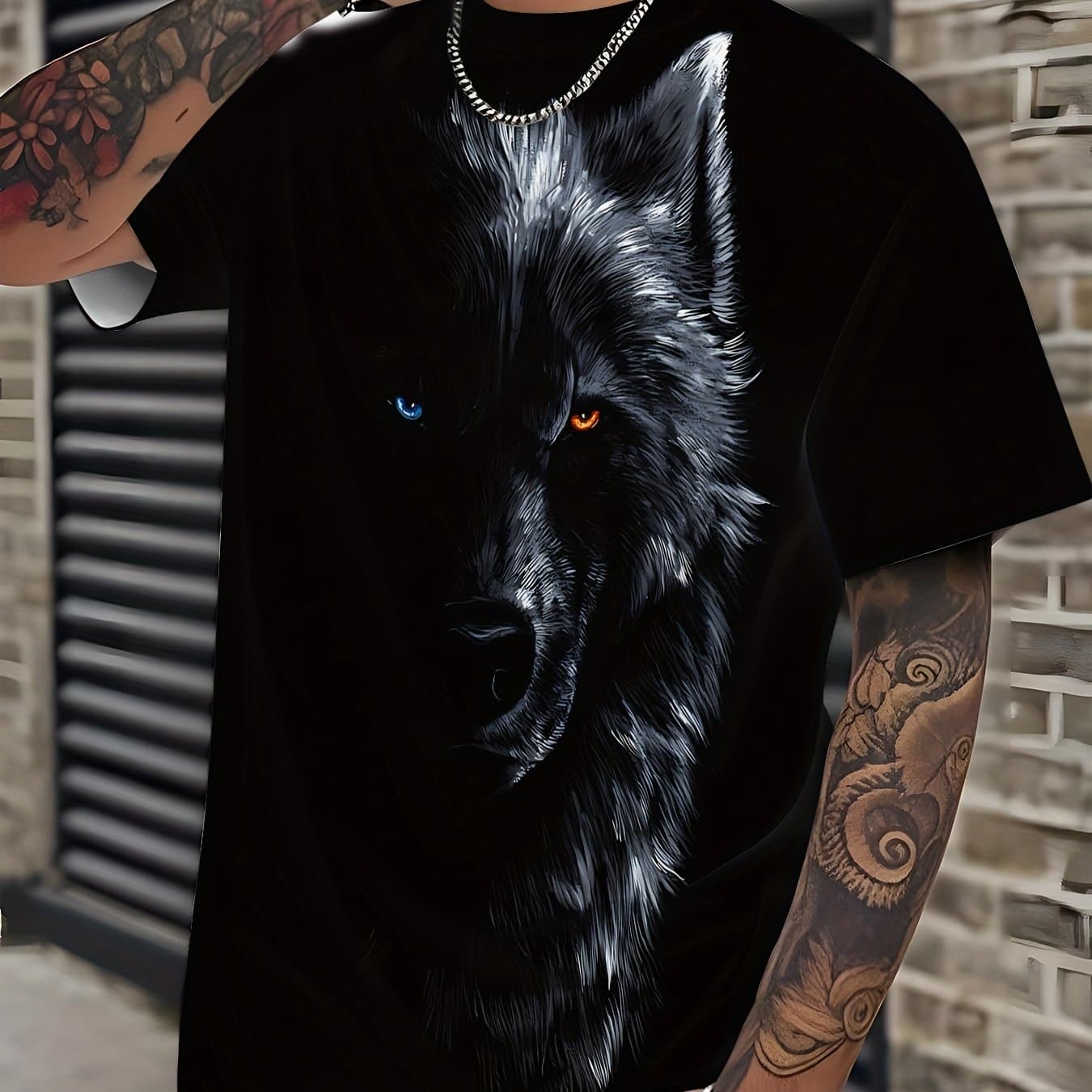 TEMU Men's 3d Short-sleeved Digital-print T-shirt - Summer! Mesh Polyester Short-sleeve With Unique Wolf-head Print. Men's Versatile .