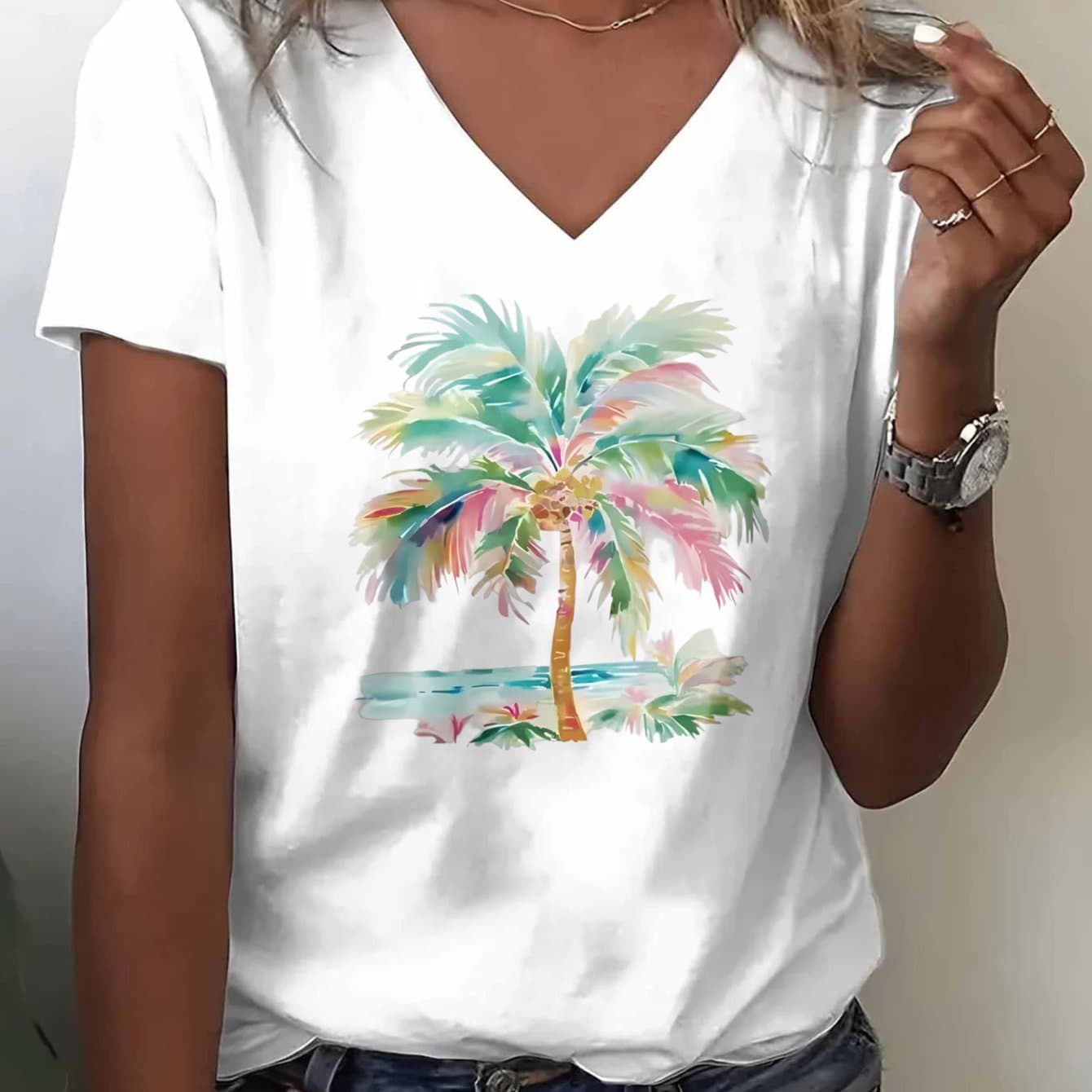 TEMU Everyday V-neck T-shirt, Standard Size With Palm Tree Watercolor Print, Summer Beach Style, Suitable For Daily Life And Casual , Making It An For Gifting To .