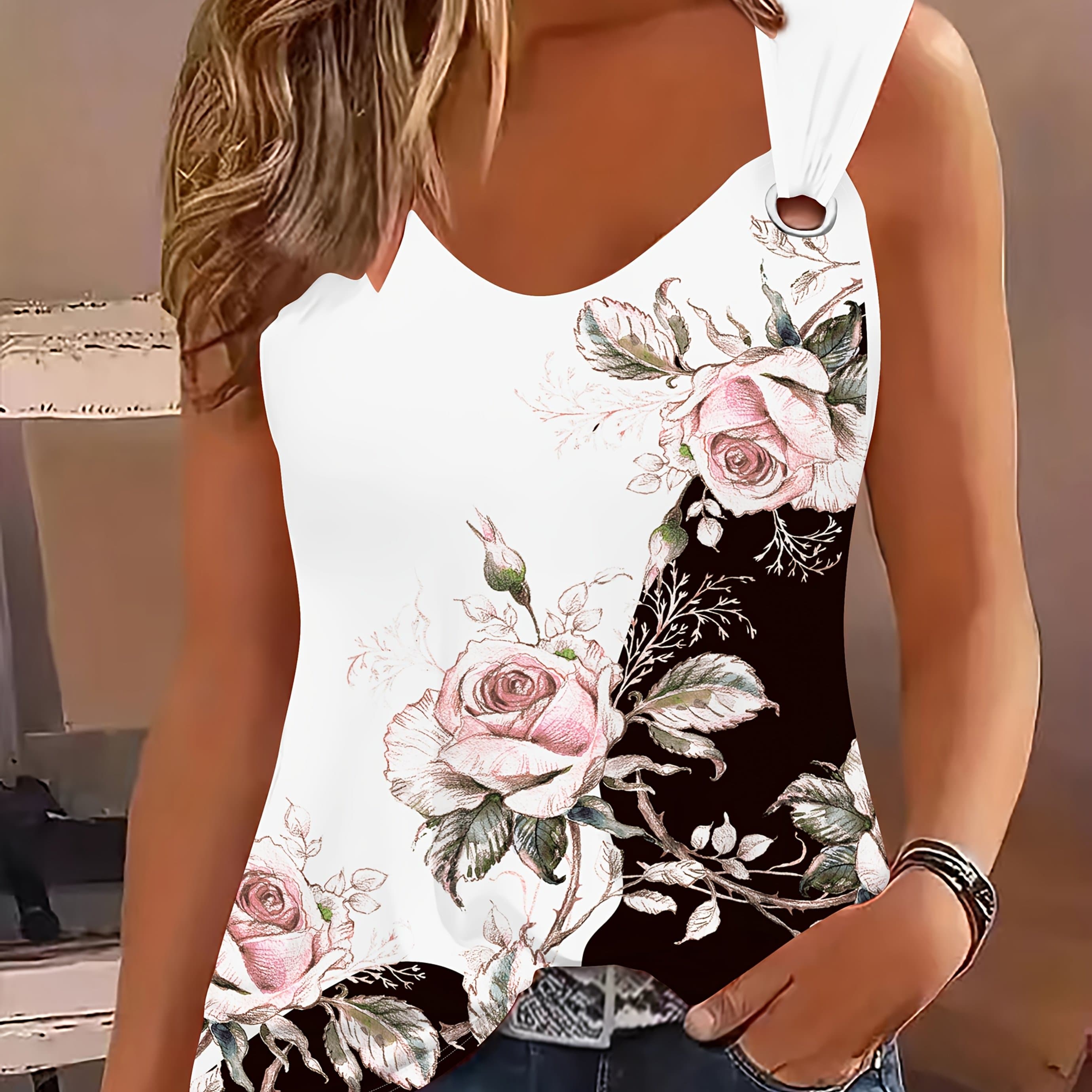 TEMU Women's Outdoor Leisure Sports Tank Top With Digital Floral Print And Ring